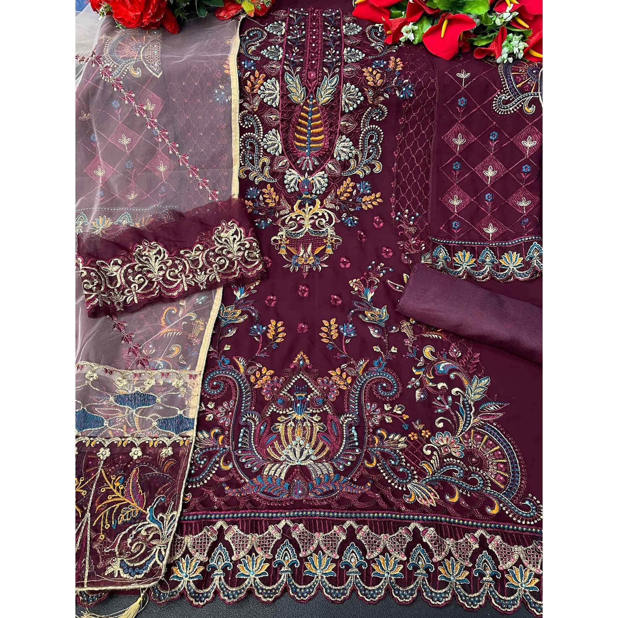 Purple Embroidered Georgette Pakistani Suit - Peachmode