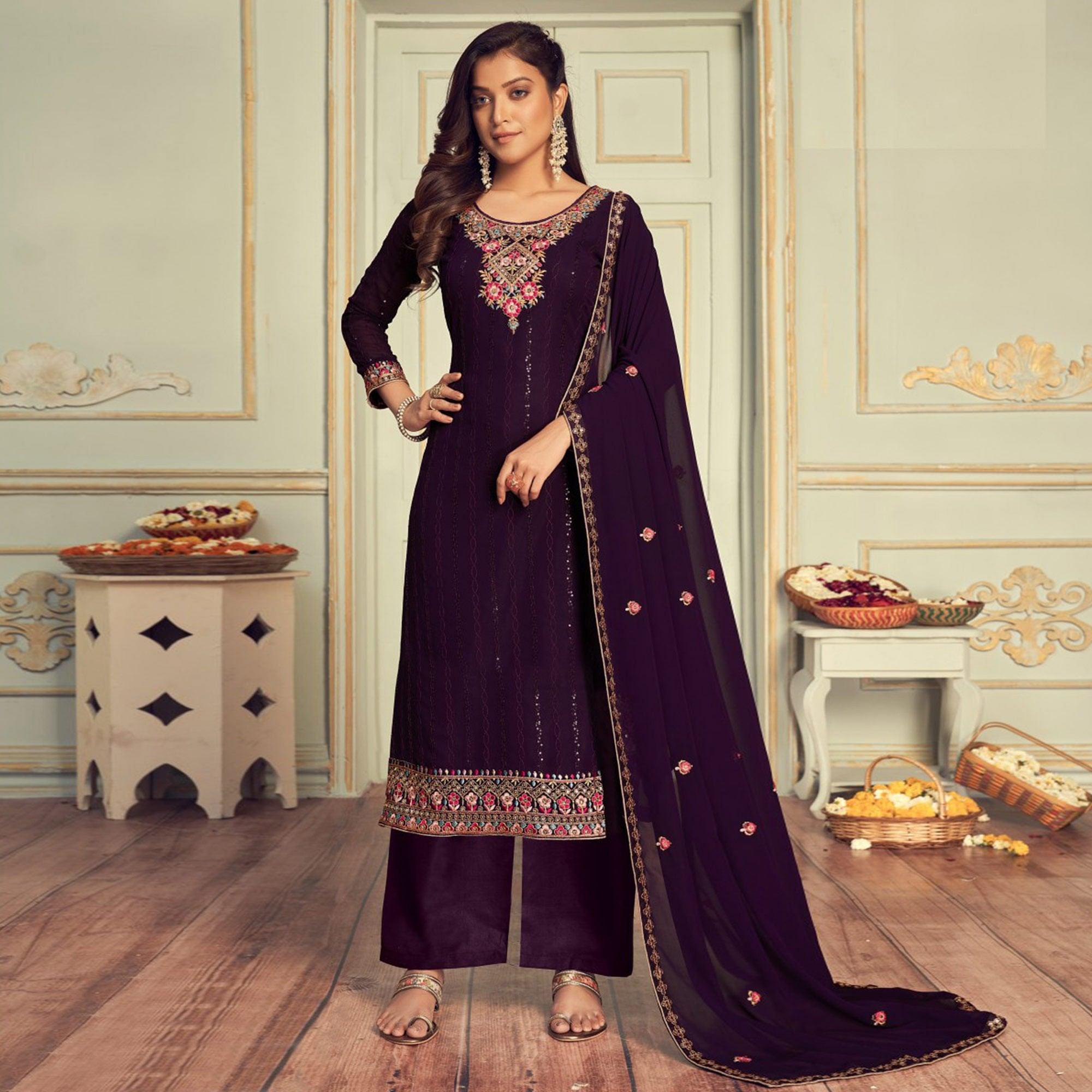 Purple Embroidered Georgette Palazzo Suit - Peachmode