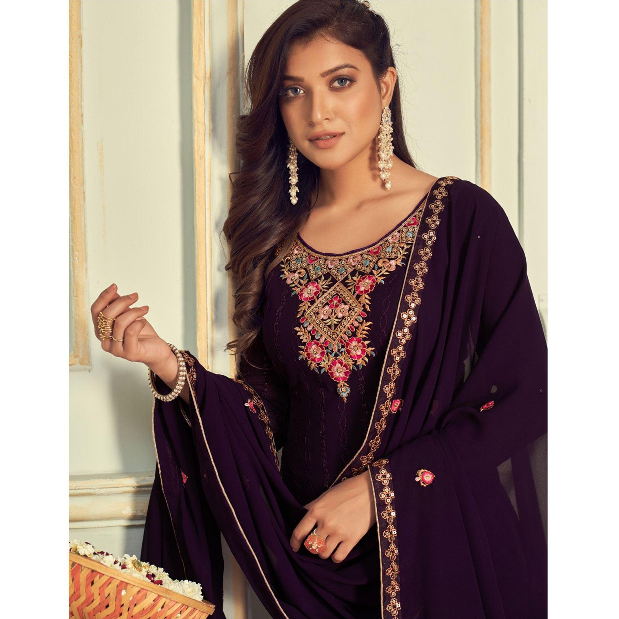 Purple Embroidered Georgette Palazzo Suit - Peachmode