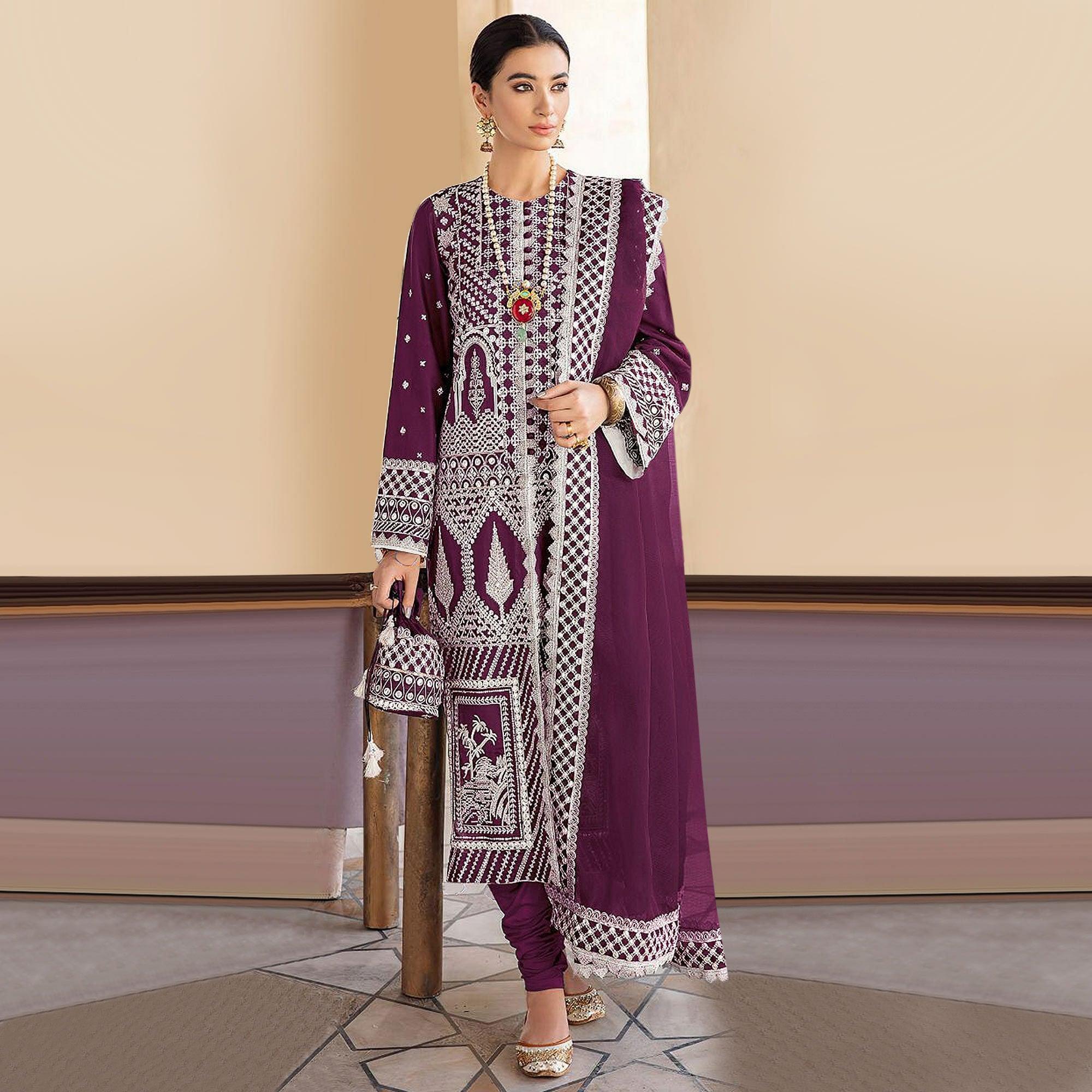 Purple Embroidered Georgette Partywear Pakistani Suit - Peachmode