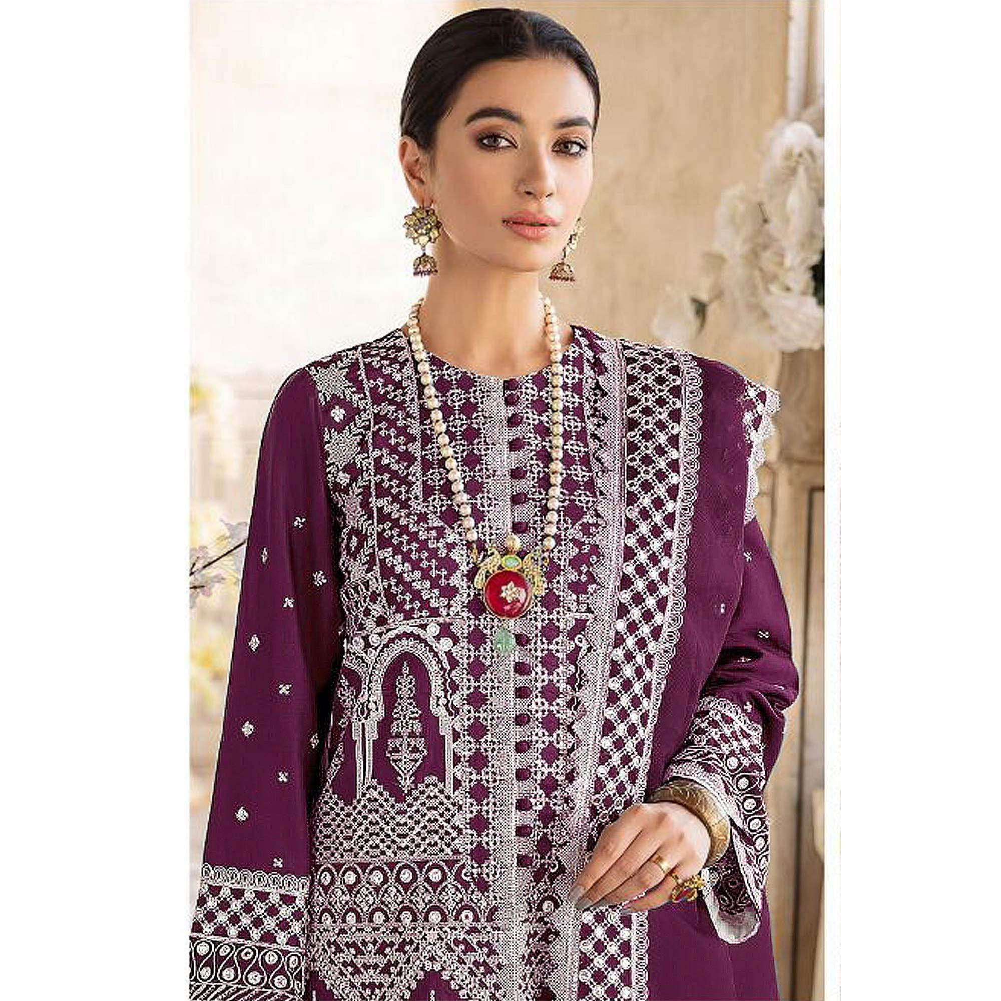 Purple Embroidered Georgette Partywear Pakistani Suit - Peachmode