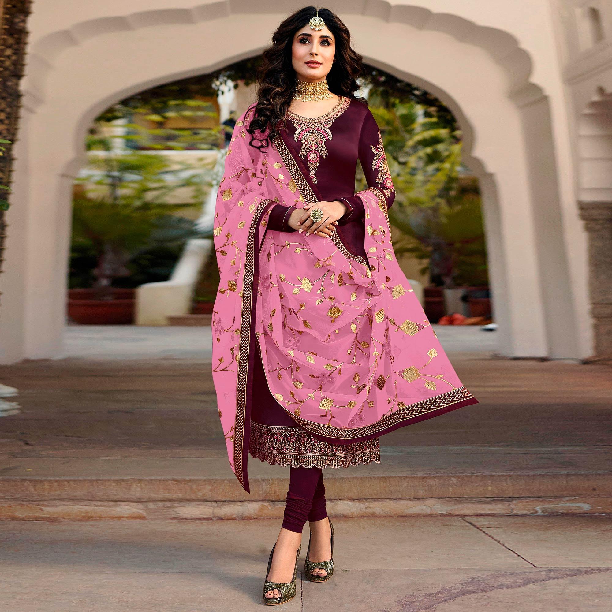 Purple Embroidered Georgette Partywear Suit - Peachmode