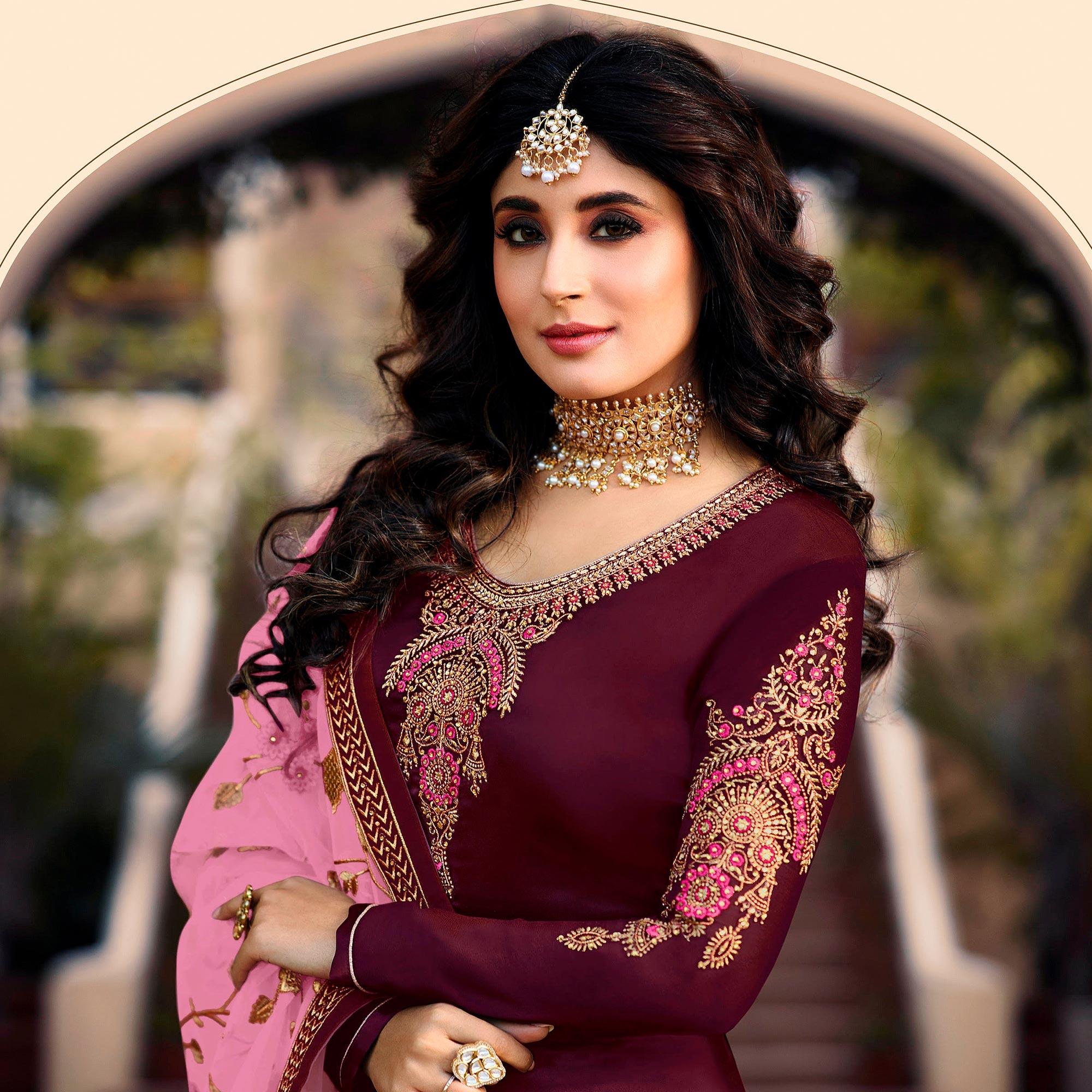 Purple Embroidered Georgette Partywear Suit - Peachmode