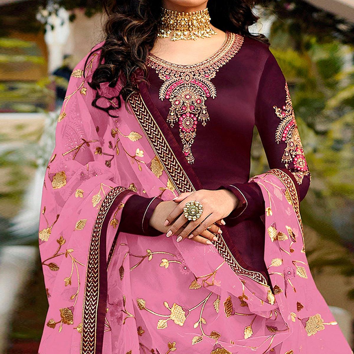 Purple Embroidered Georgette Partywear Suit - Peachmode