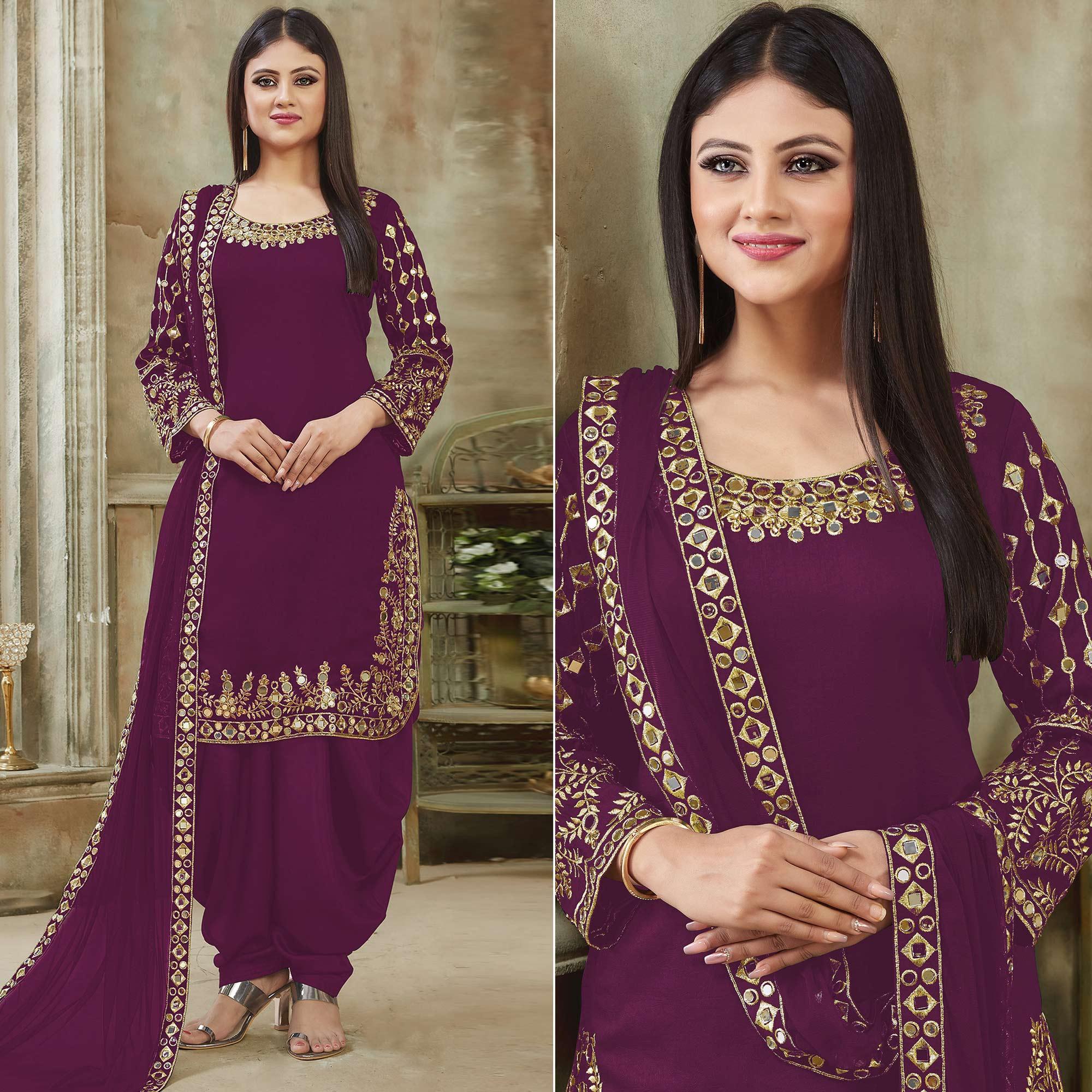 Purple Embroidered Georgette Patiala Suit - Peachmode