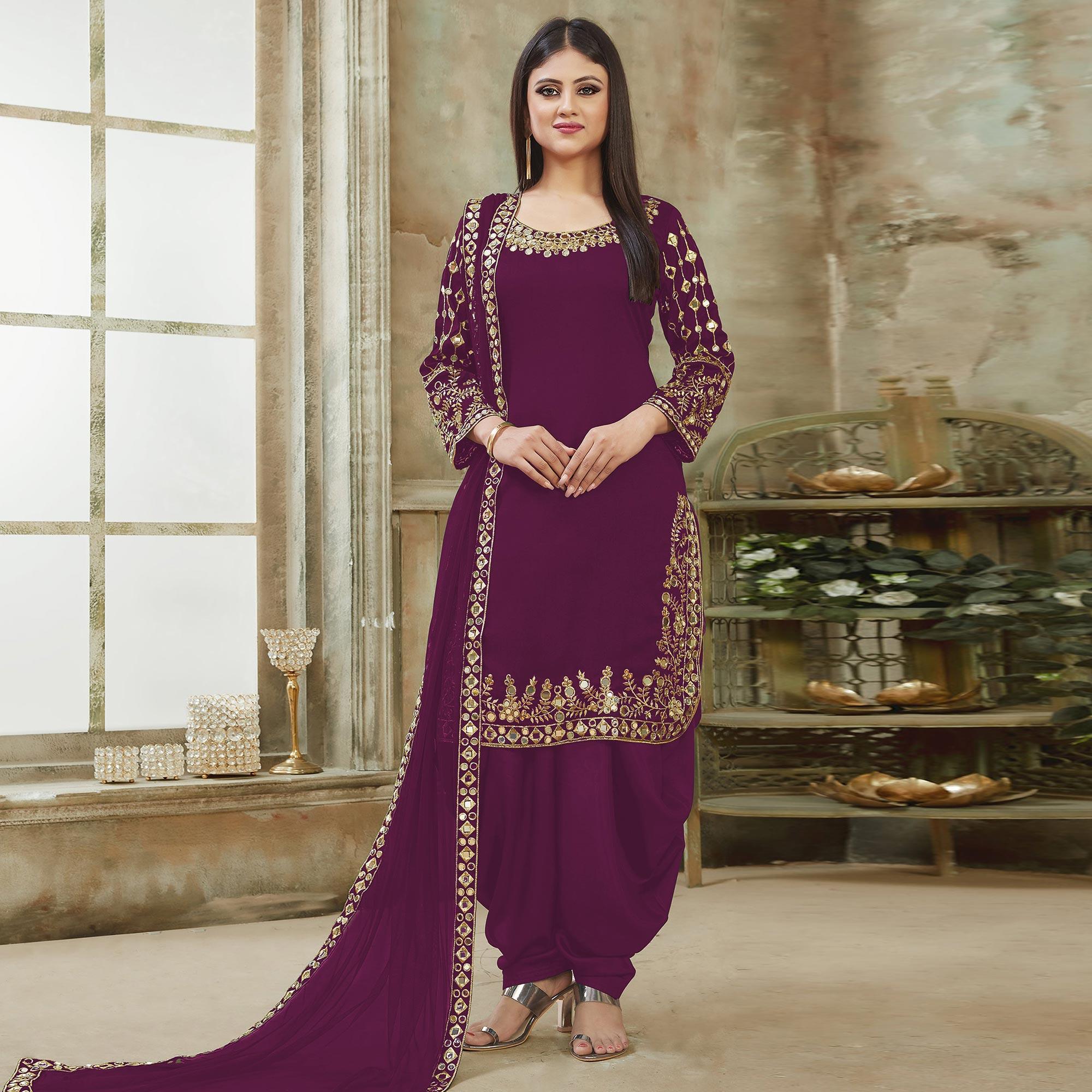 Purple Embroidered Georgette Patiala Suit - Peachmode