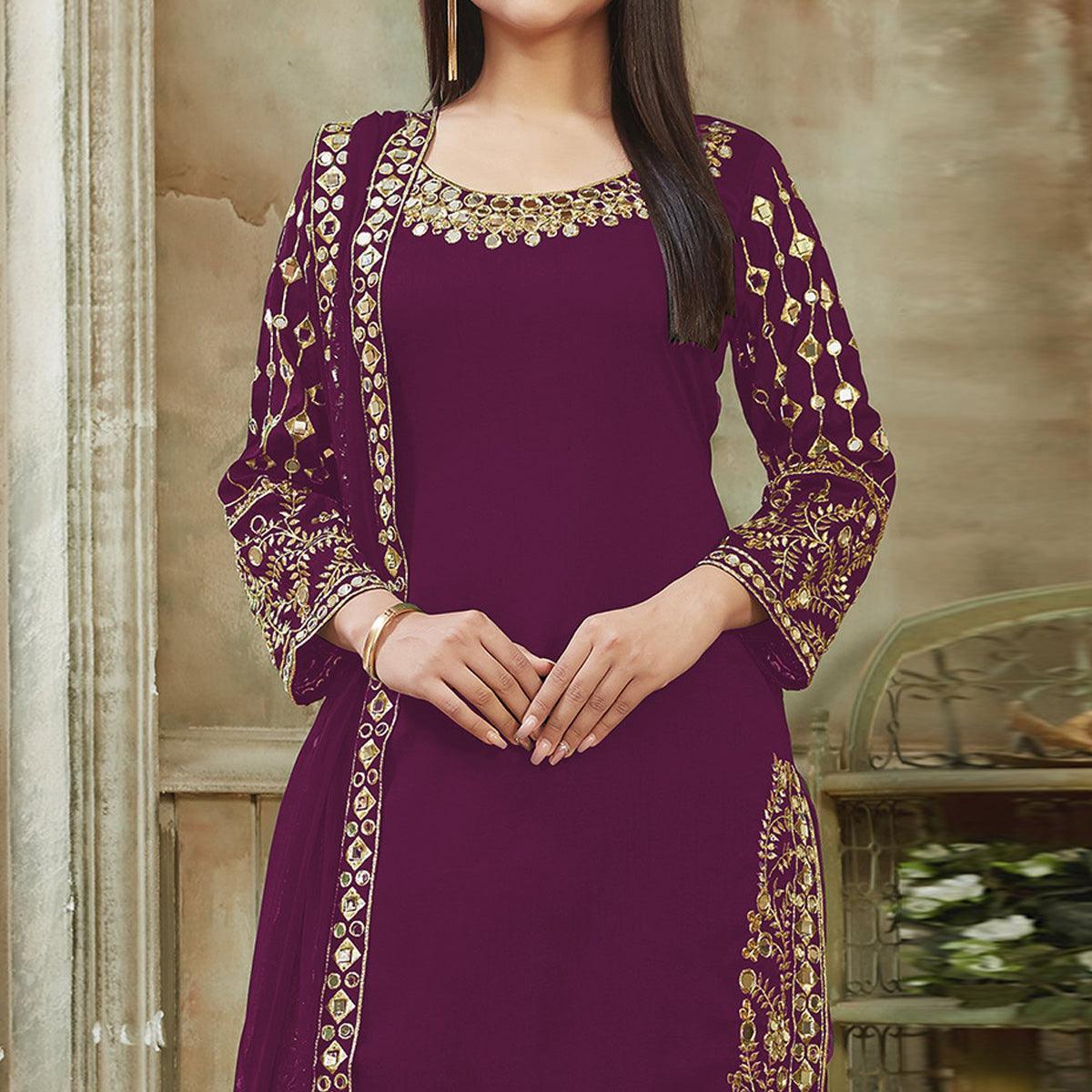 Purple Embroidered Georgette Patiala Suit - Peachmode