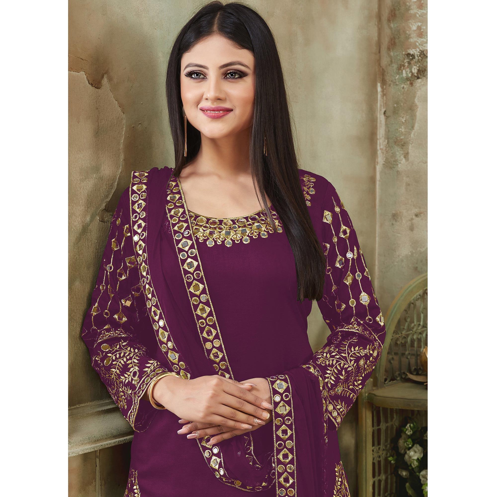 Purple Embroidered Georgette Patiala Suit - Peachmode