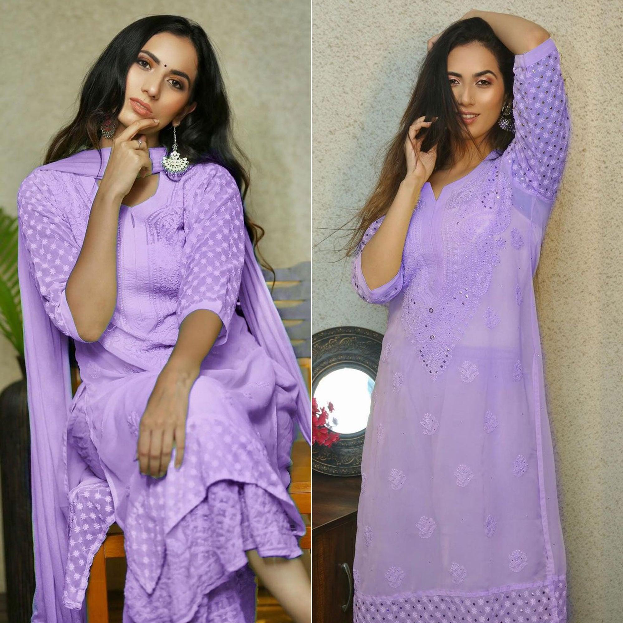 Purple Embroidered Georgette Sharara Suit - Peachmode