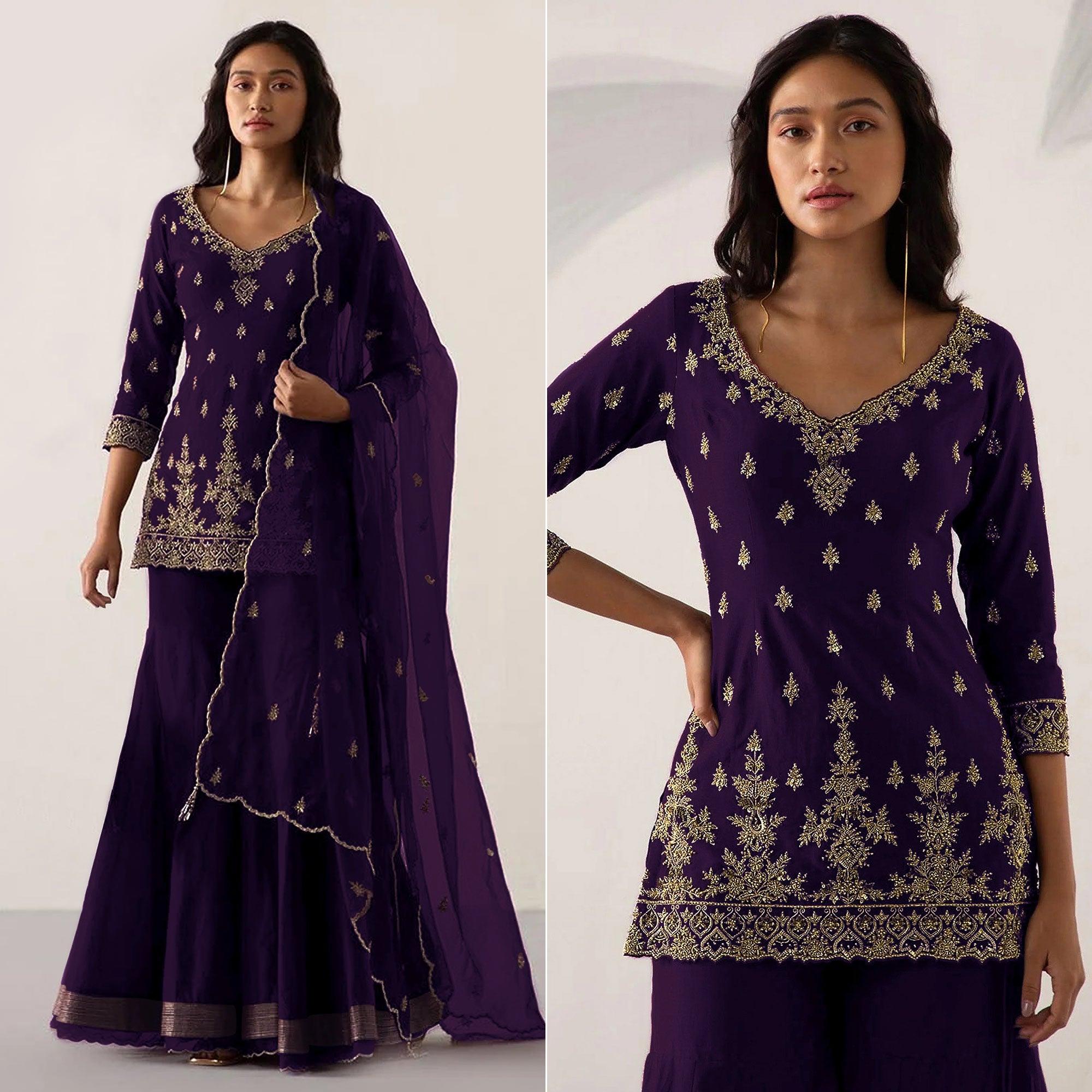 Purple Embroidered Georgette Sharara Suit - Peachmode
