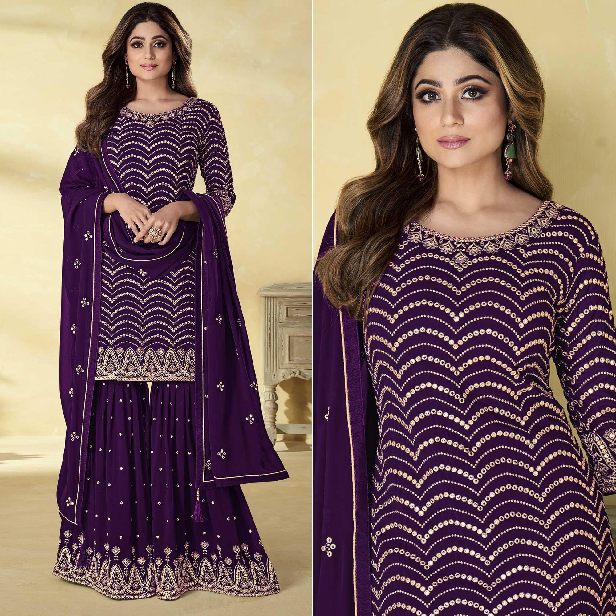Purple Embroidered Georgette Sharara Suit - Peachmode