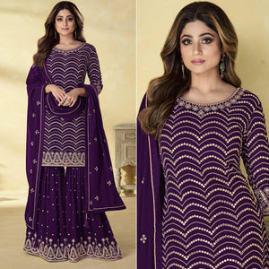 Purple Embroidered Georgette Sharara Suit - Peachmode