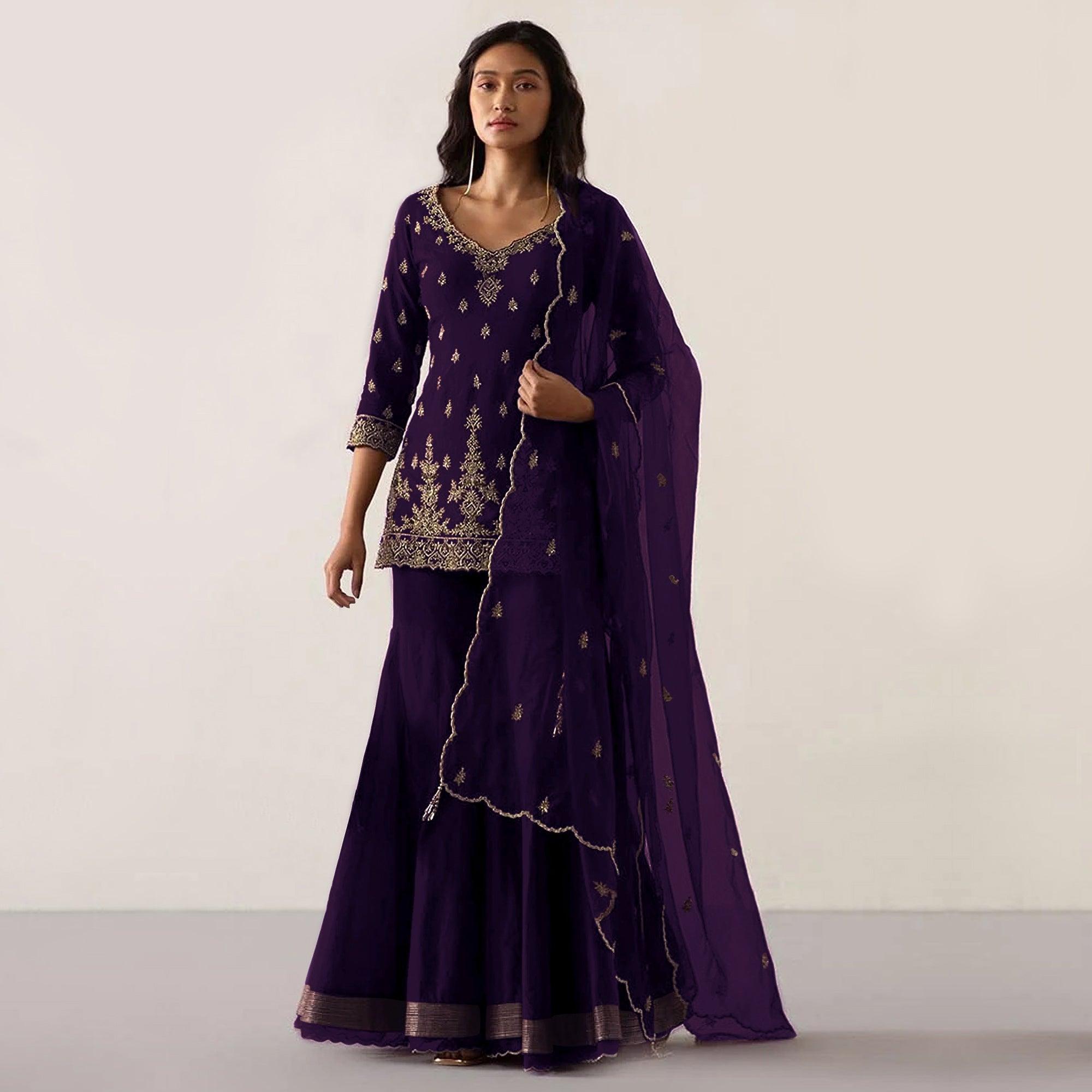 Purple Embroidered Georgette Sharara Suit - Peachmode