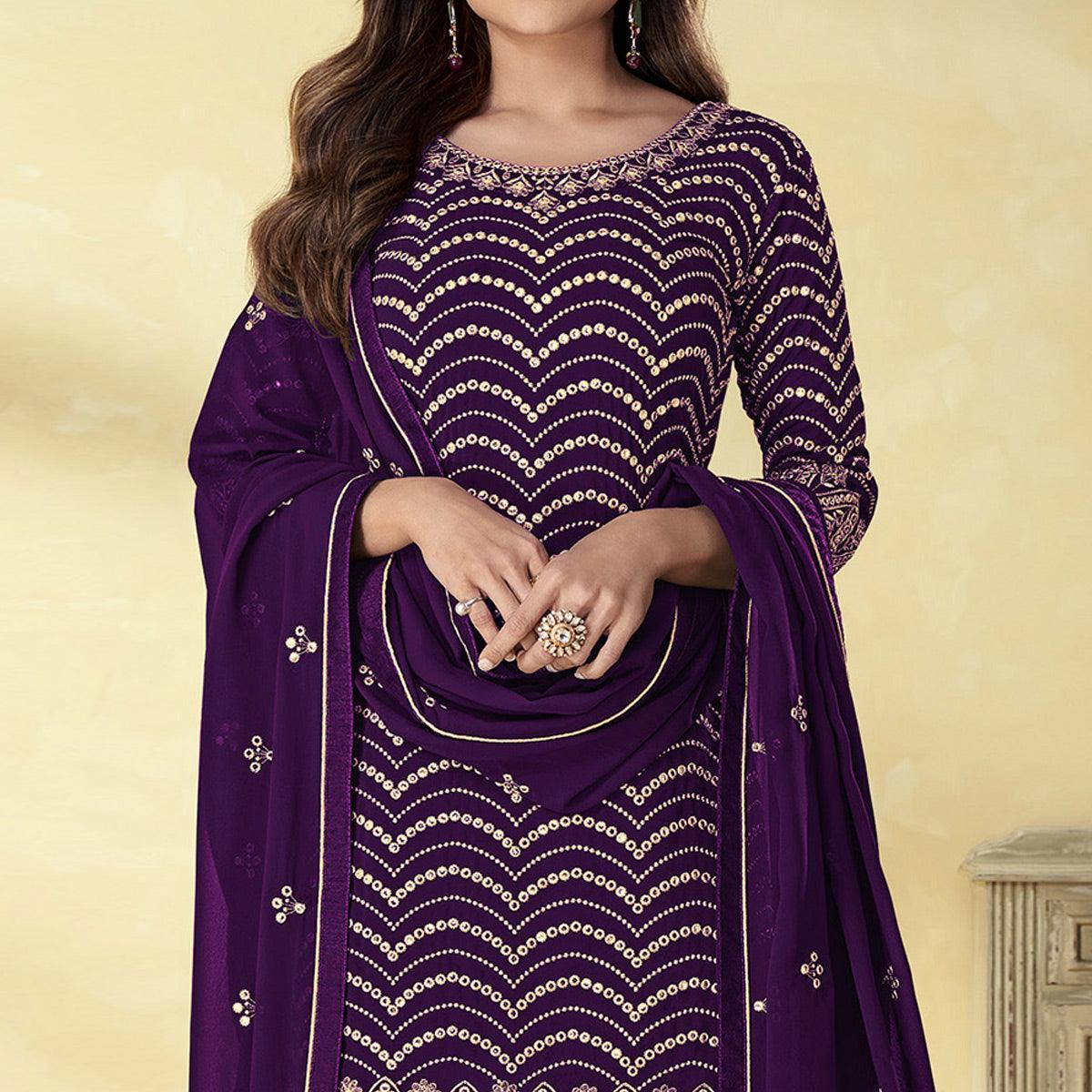 Purple Embroidered Georgette Sharara Suit - Peachmode