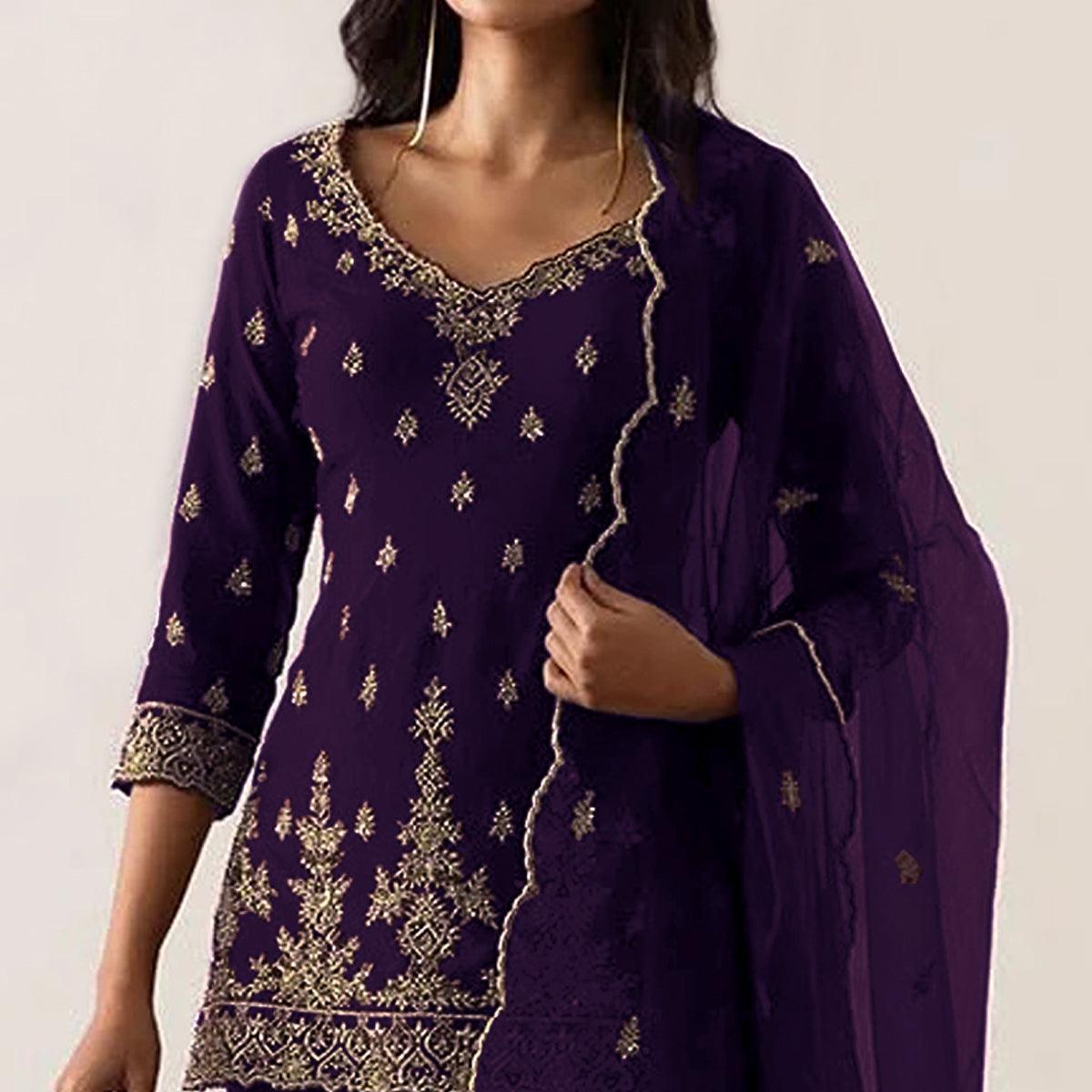 Purple Embroidered Georgette Sharara Suit - Peachmode