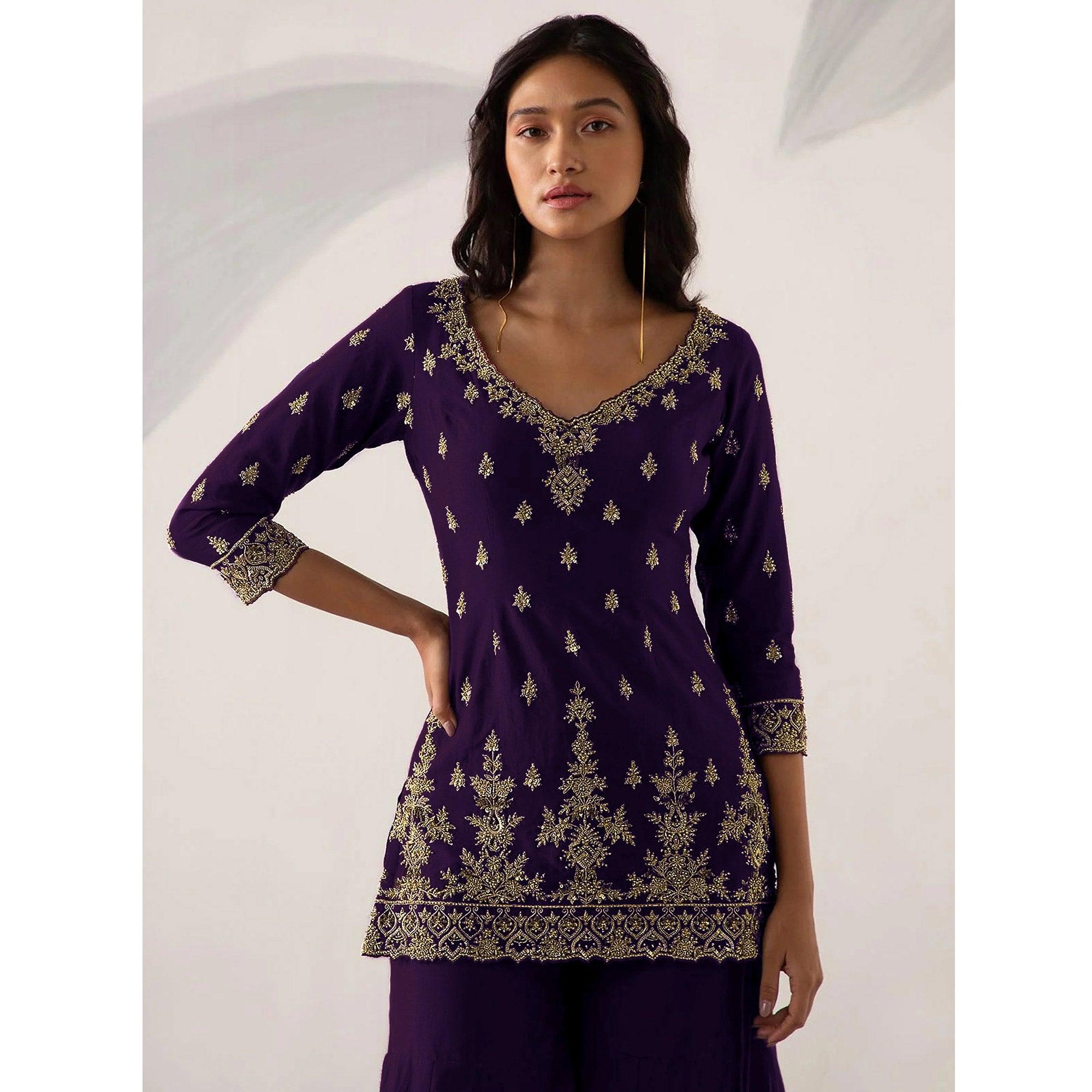 Purple Embroidered Georgette Sharara Suit - Peachmode