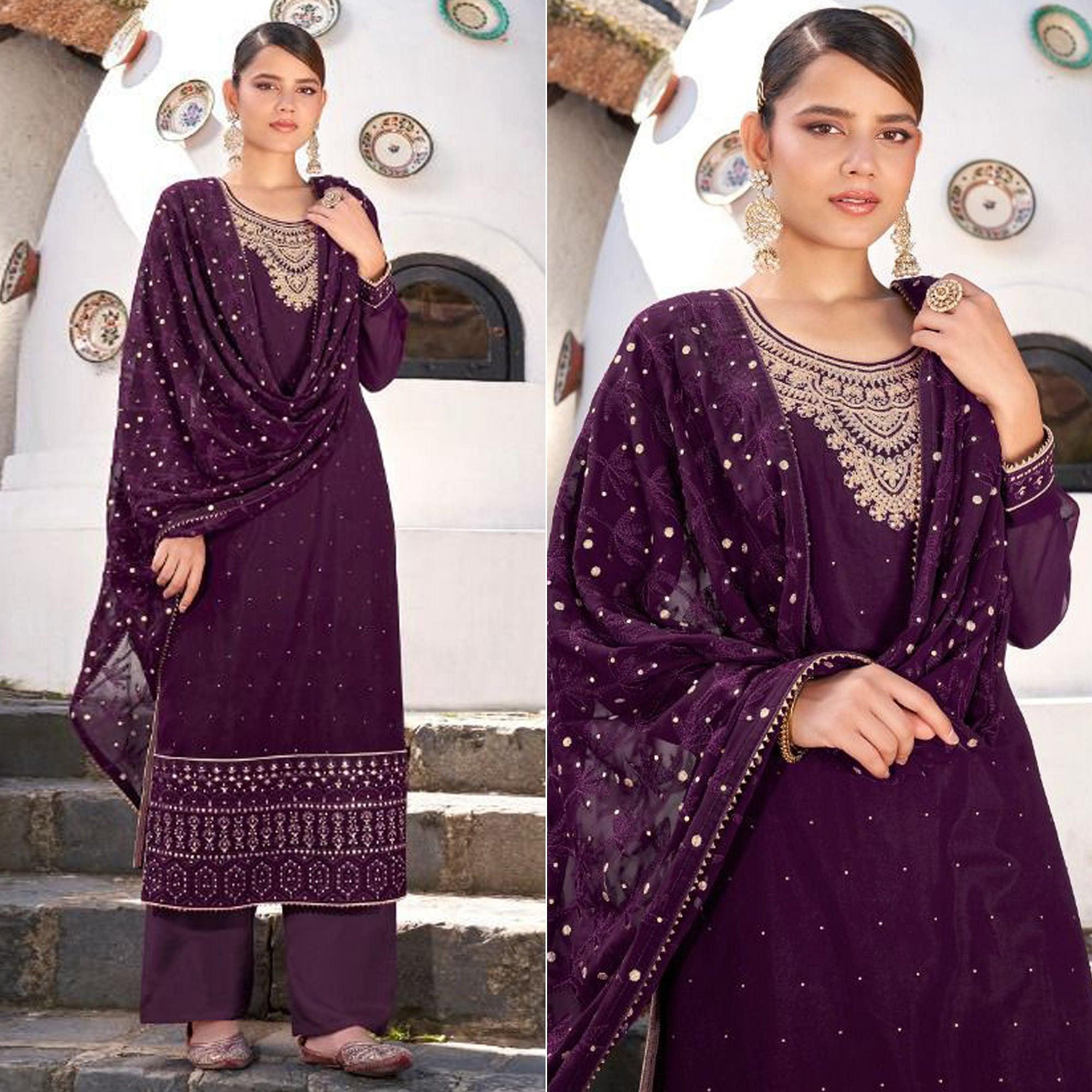 Purple  Embroidered Georgette Suit - Peachmode