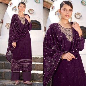 Purple  Embroidered Georgette Suit - Peachmode
