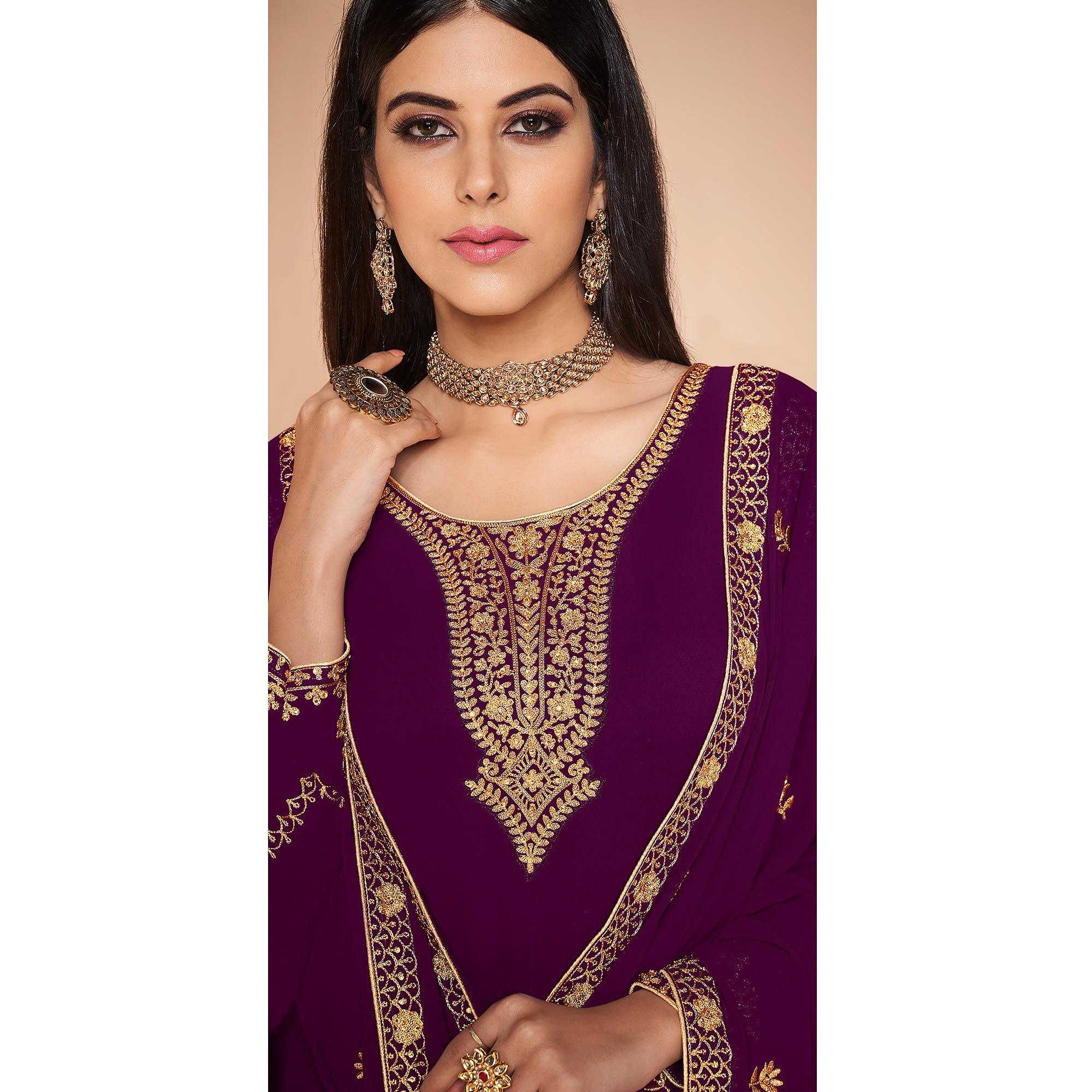 Purple Embroidered Georgette Suit - Peachmode