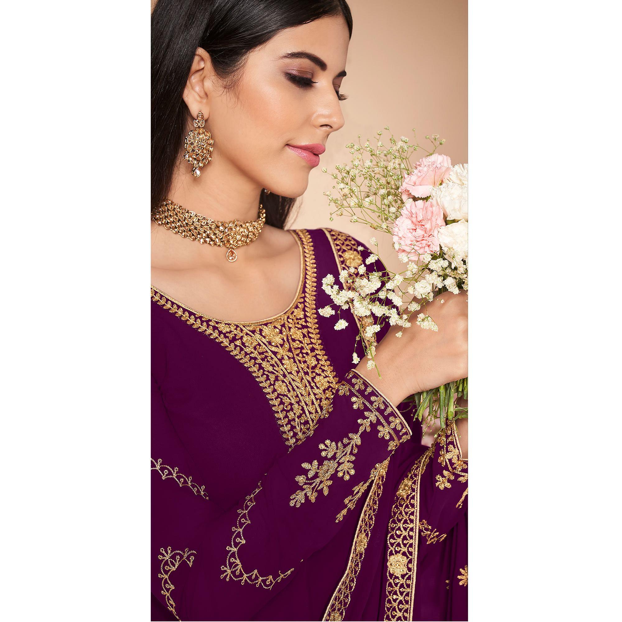Purple Embroidered Georgette Suit - Peachmode