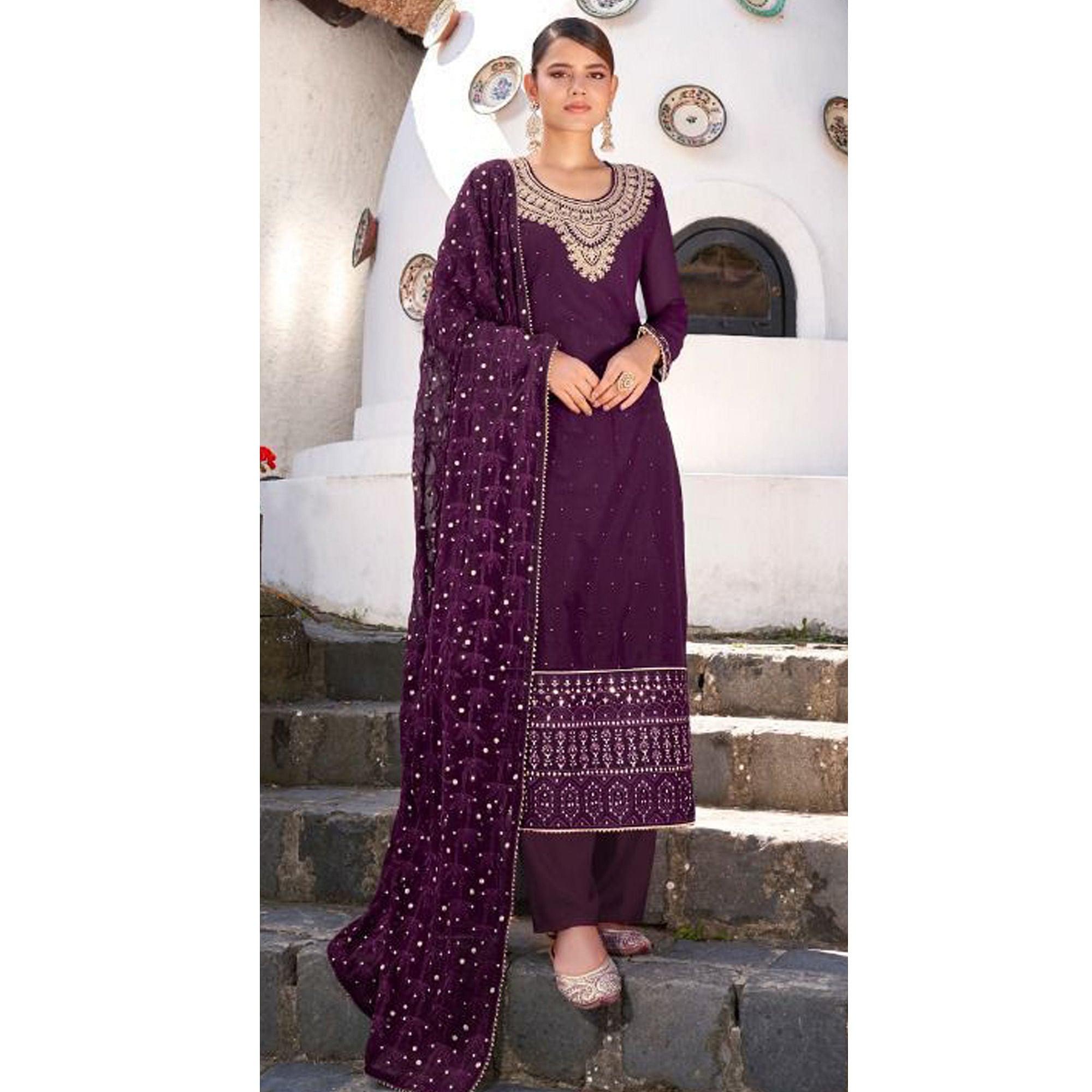 Purple  Embroidered Georgette Suit - Peachmode