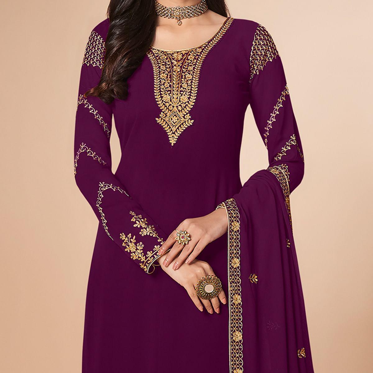 Purple Embroidered Georgette Suit - Peachmode