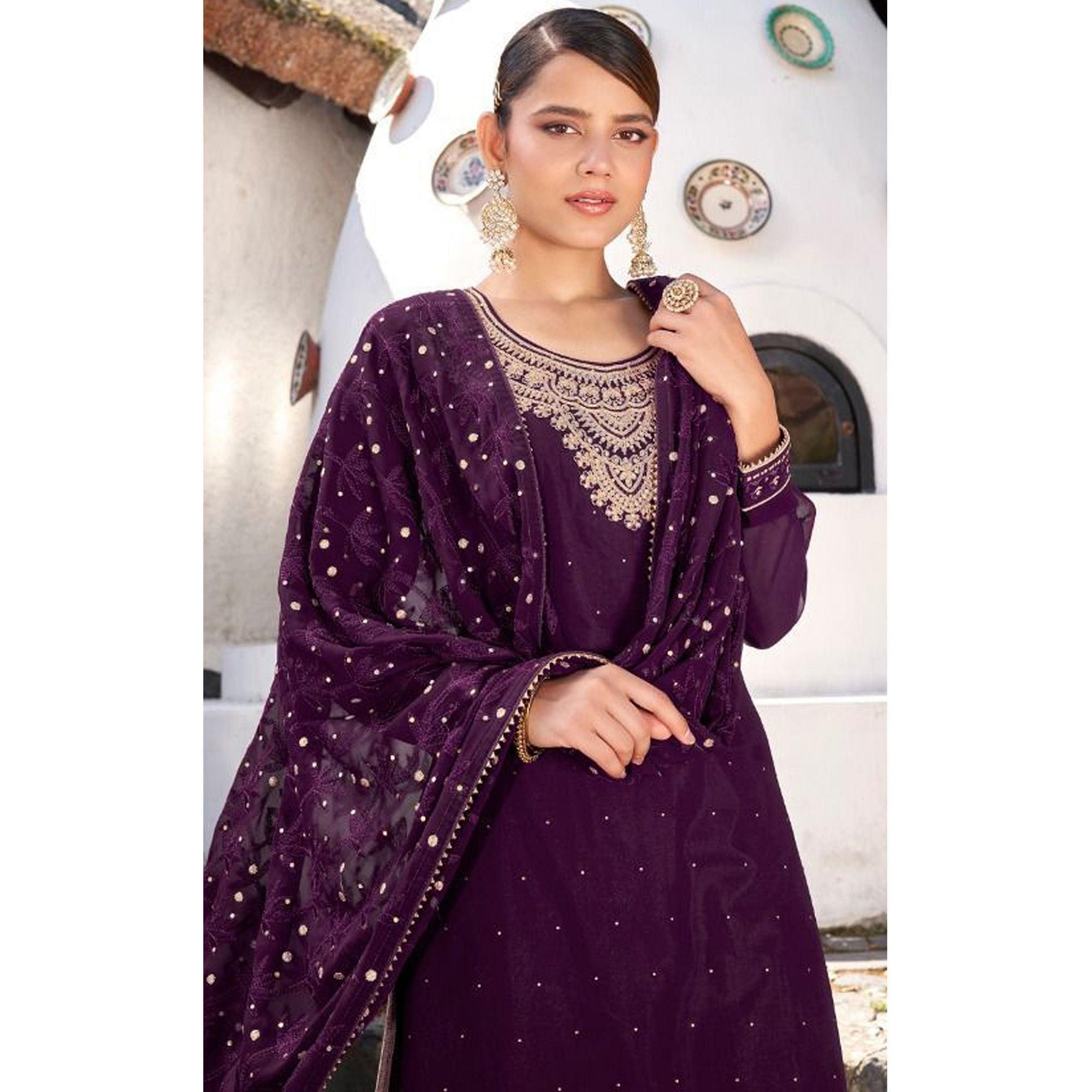 Purple  Embroidered Georgette Suit - Peachmode