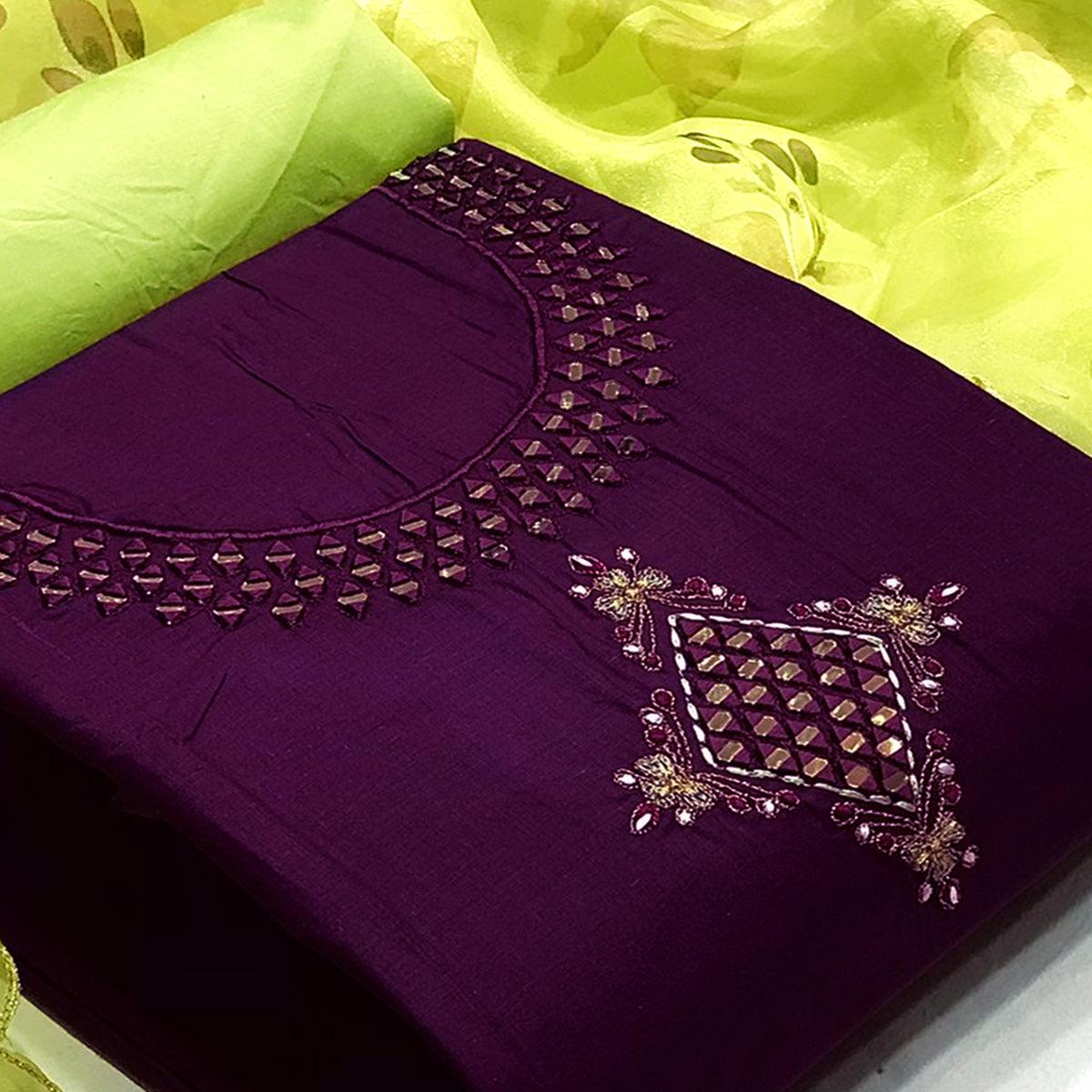 Purple Embroidered Handwork Cotton Blend Dress Material - Peachmode