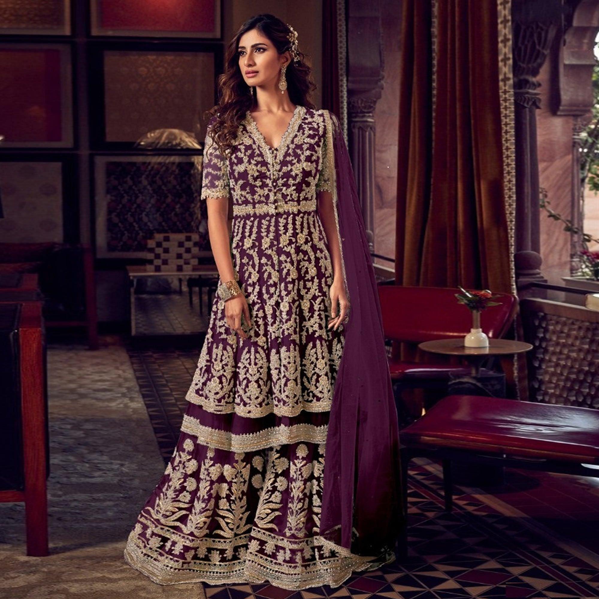 Purple Embroidered Indo Western Style Georgette Sharara Suit - Peachmode