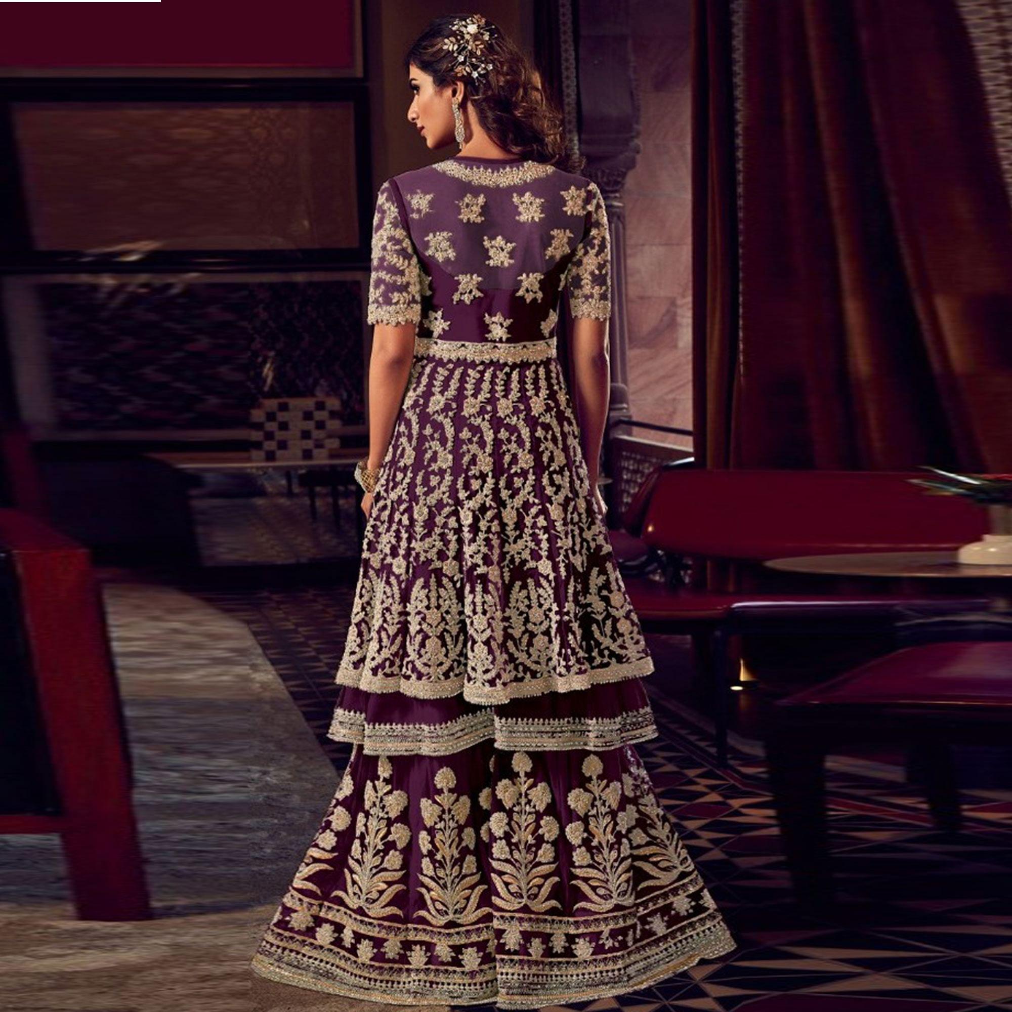 Purple Embroidered Indo Western Style Georgette Sharara Suit - Peachmode