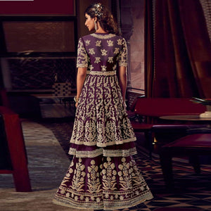Purple Embroidered Indo Western Style Georgette Sharara Suit - Peachmode
