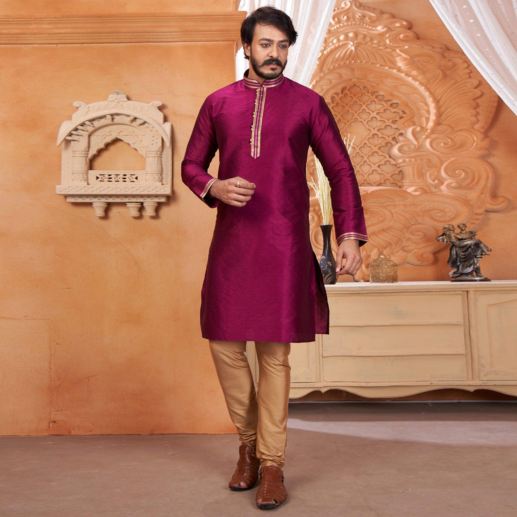 Purple Embroidered Jacquard Art Silk Silk Kurta Pyajama Set - Peachmode