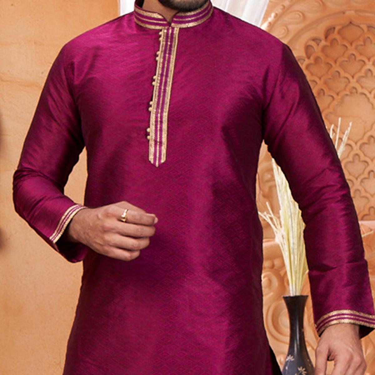 Purple Embroidered Jacquard Art Silk Silk Kurta Pyajama Set - Peachmode