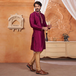 Purple Embroidered Jacquard Art Silk Silk Kurta Pyajama Set - Peachmode