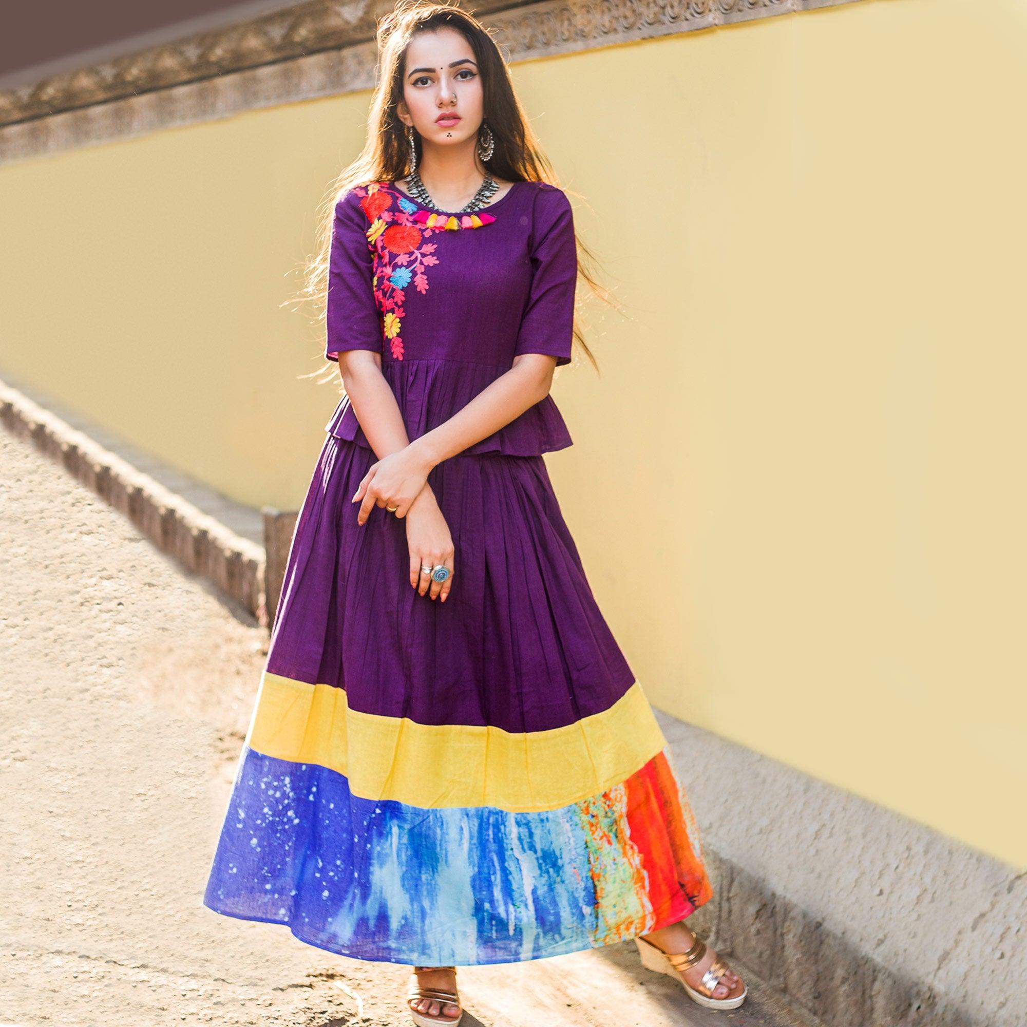 Purple Embroidered Linen Long Kurti - Peachmode