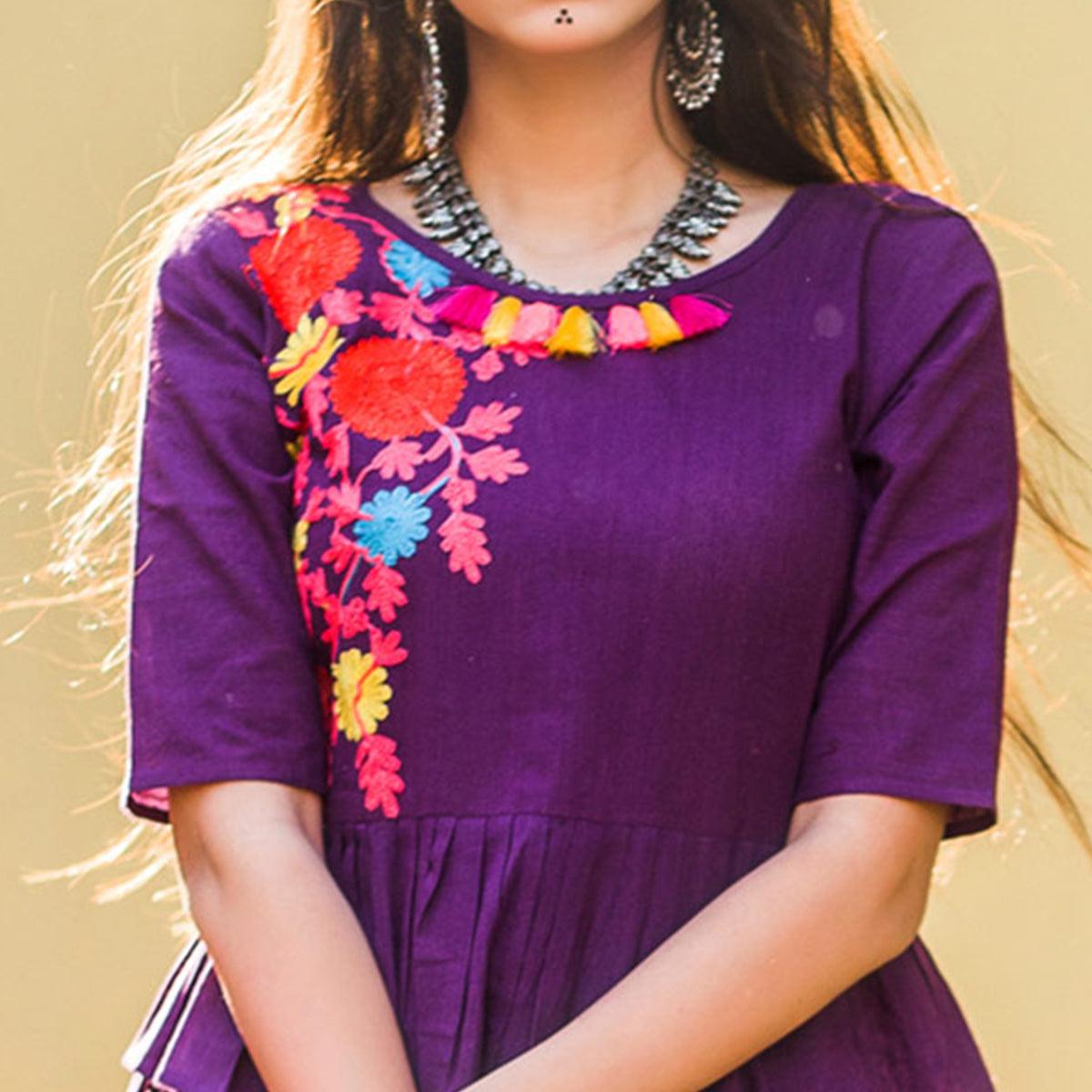 Purple Embroidered Linen Long Kurti - Peachmode