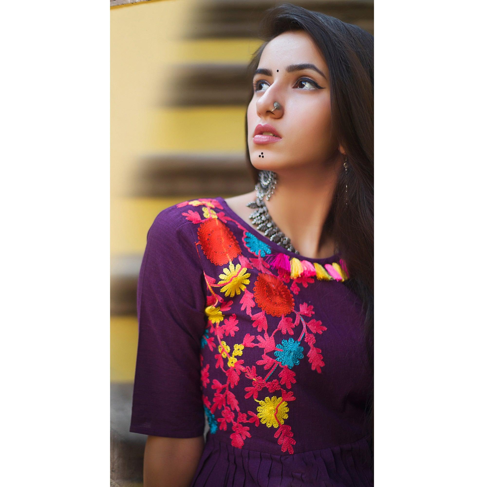 Purple Embroidered Linen Long Kurti - Peachmode