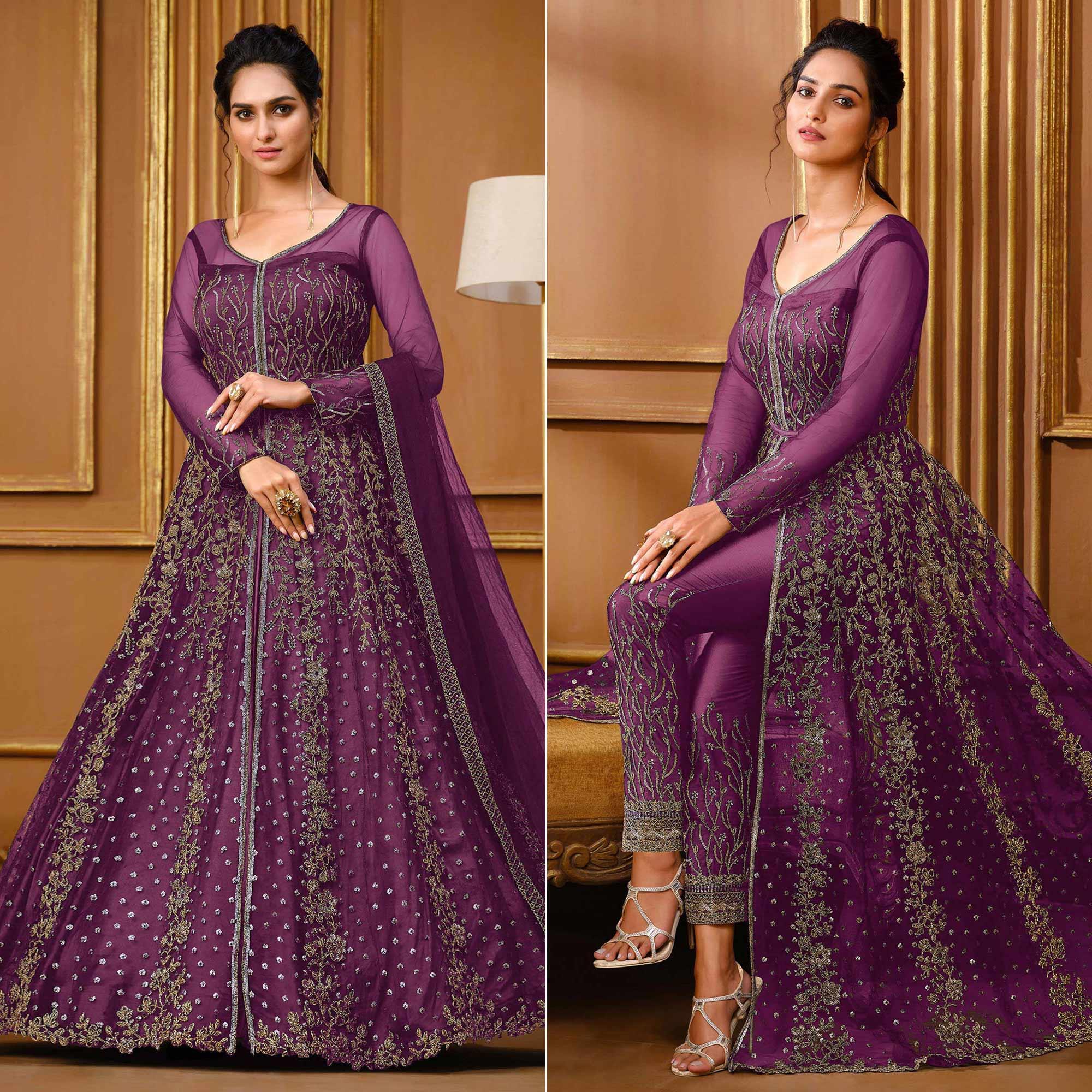 Purple Embroidered Netted Anarkali Style Gown - Peachmode