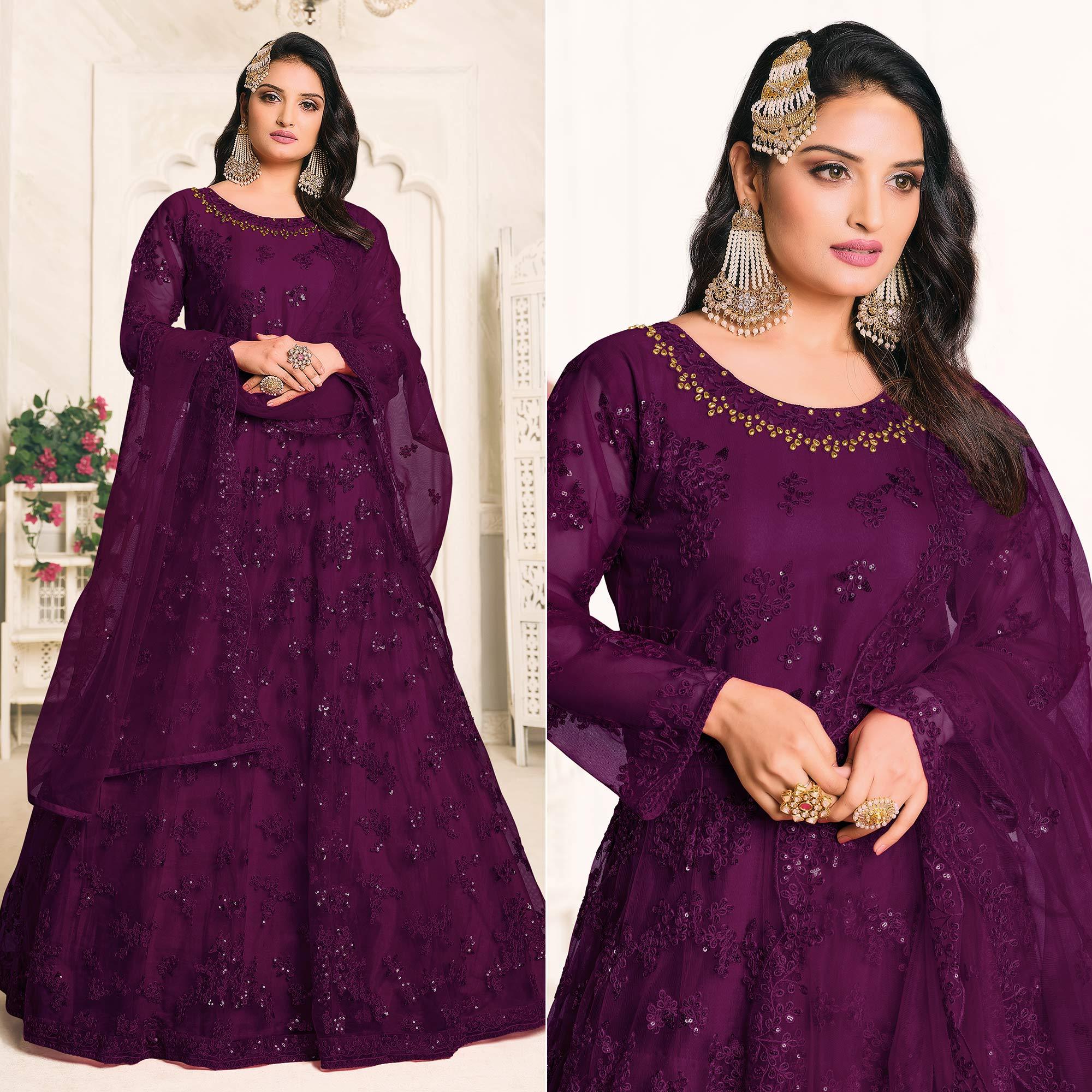 Purple Embroidered Netted Anarkali Style Gown - Peachmode