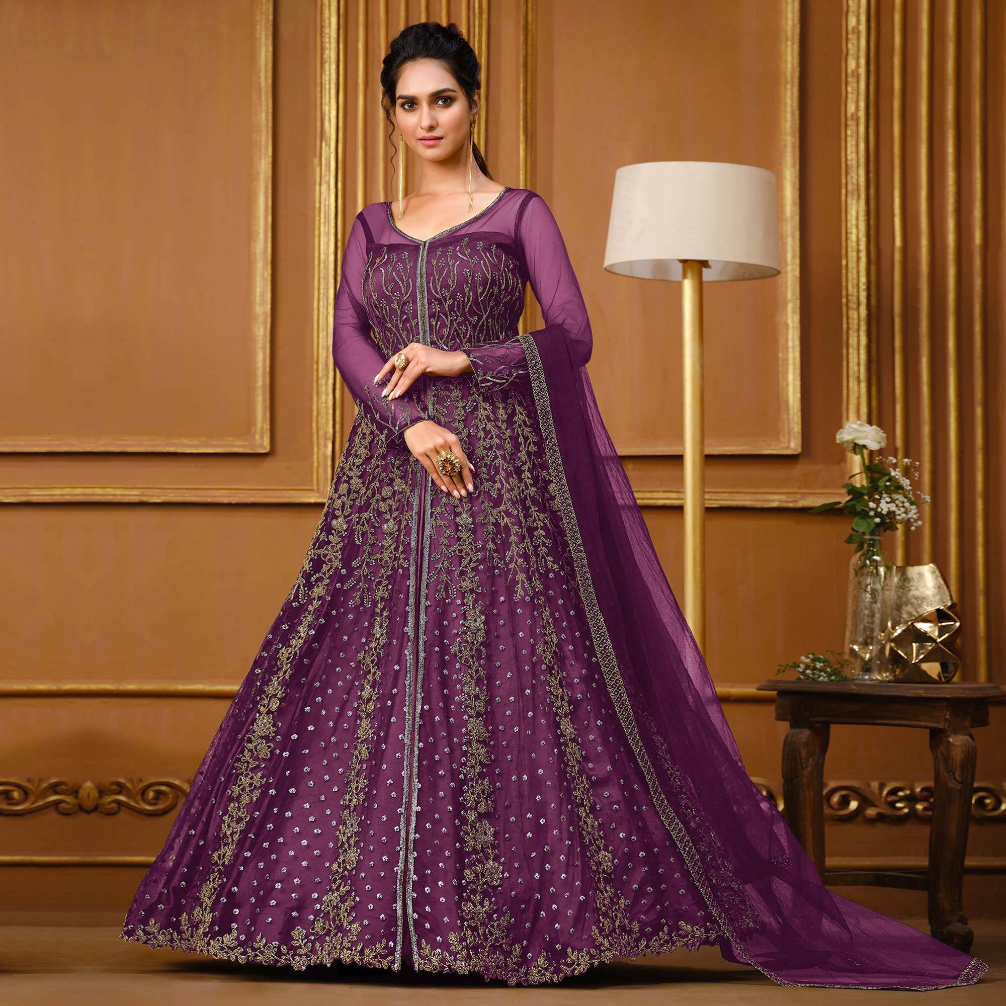 Purple Embroidered Netted Anarkali Style Gown - Peachmode