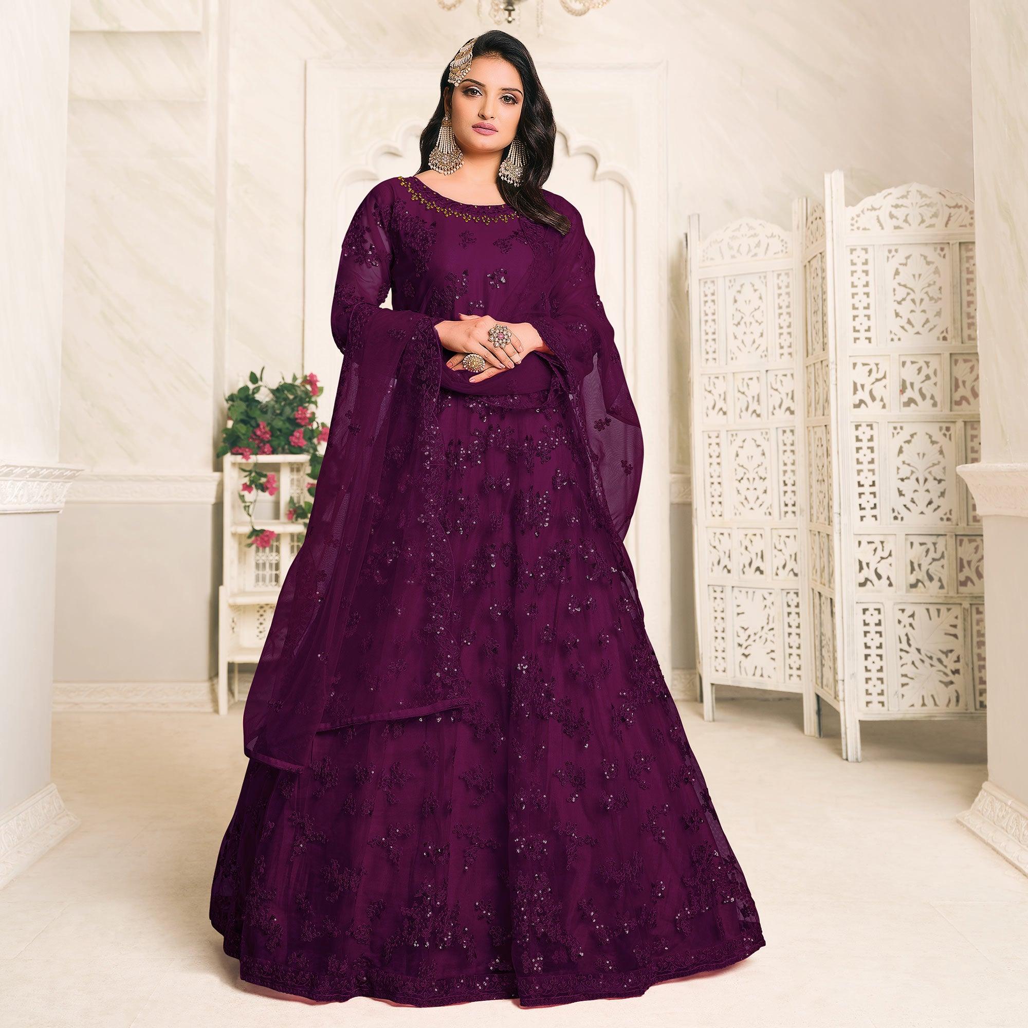 Purple Embroidered Netted Anarkali Style Gown - Peachmode