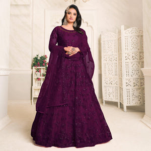 Purple Embroidered Netted Anarkali Style Gown - Peachmode