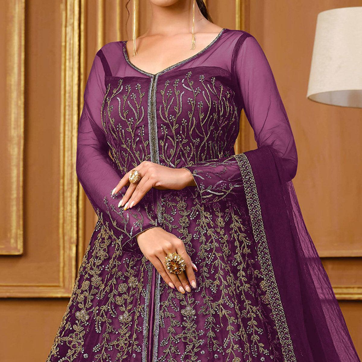 Purple Embroidered Netted Anarkali Style Gown - Peachmode