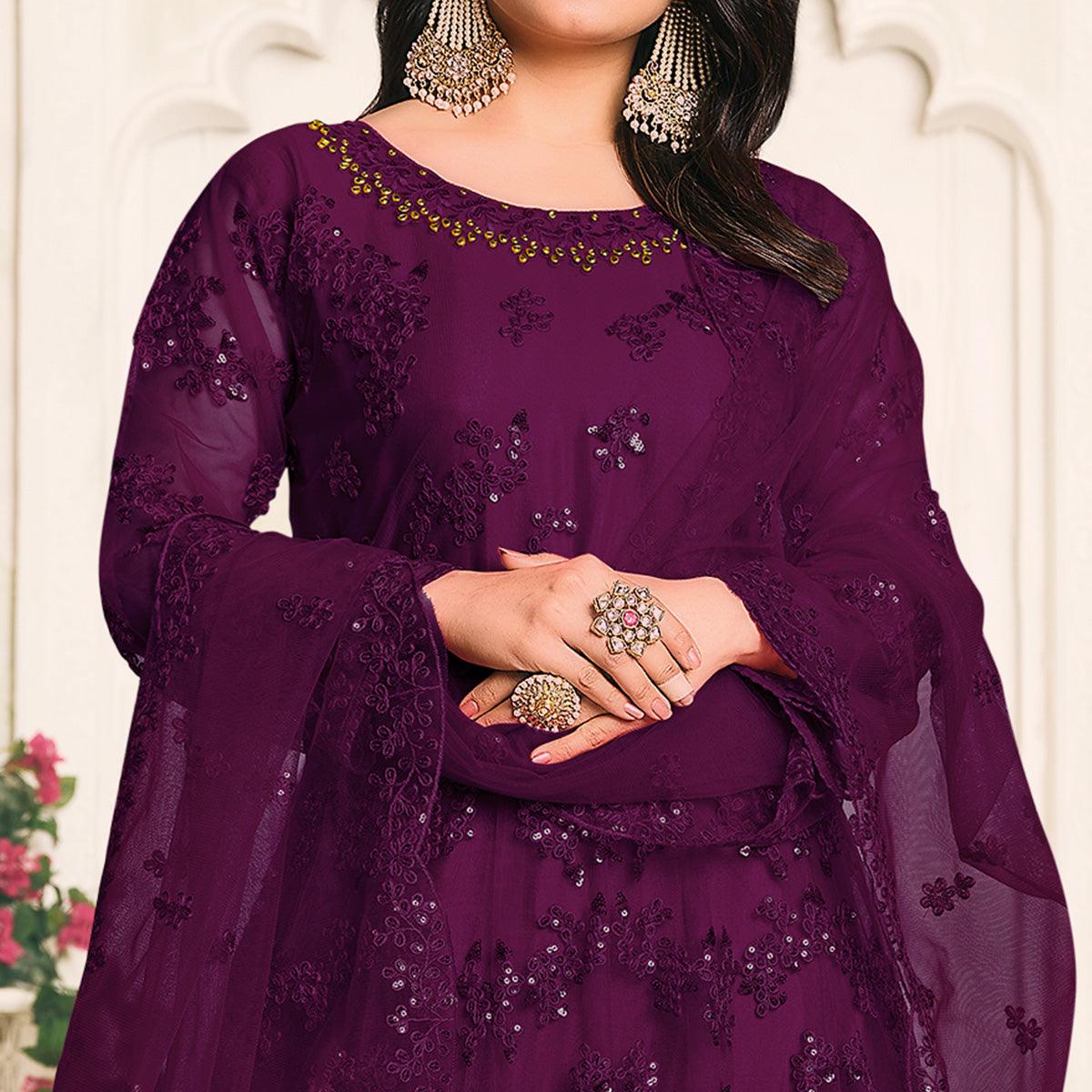 Purple Embroidered Netted Anarkali Style Gown - Peachmode