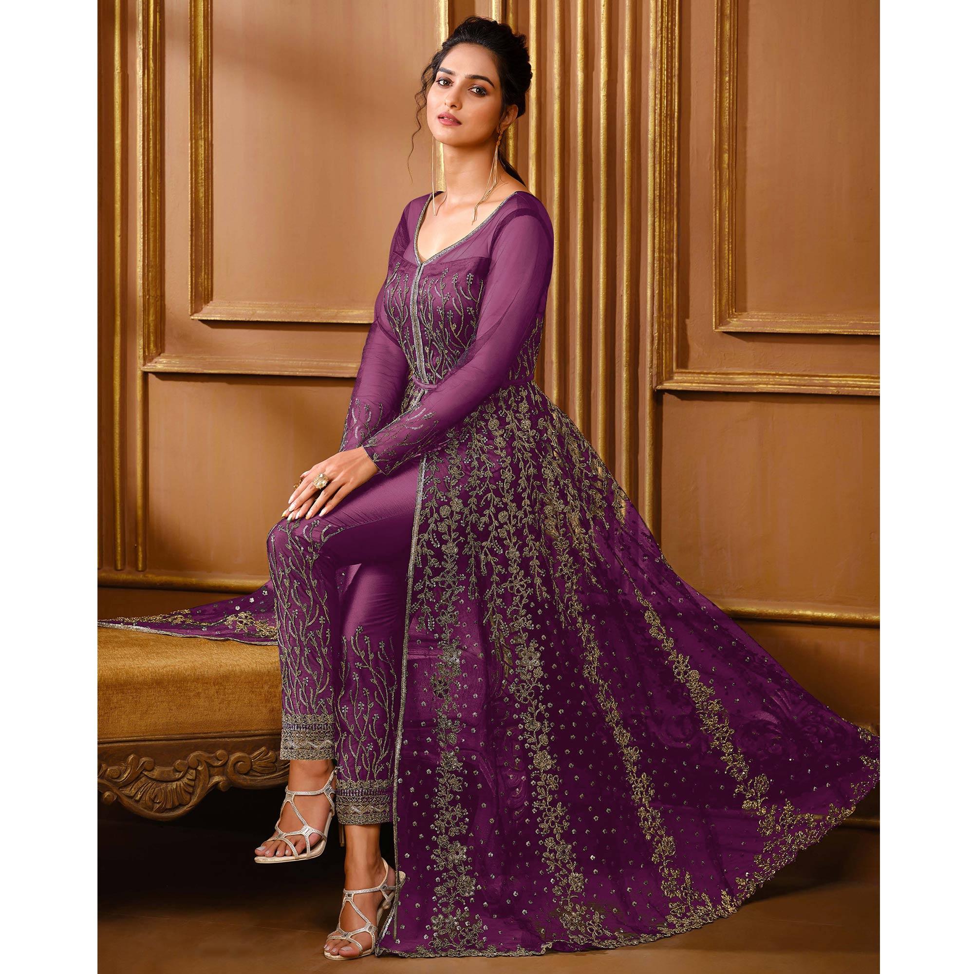 Purple Embroidered Netted Anarkali Style Gown - Peachmode