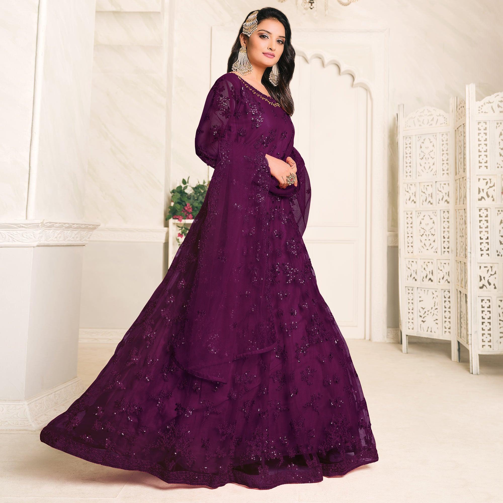 Purple Embroidered Netted Anarkali Style Gown - Peachmode