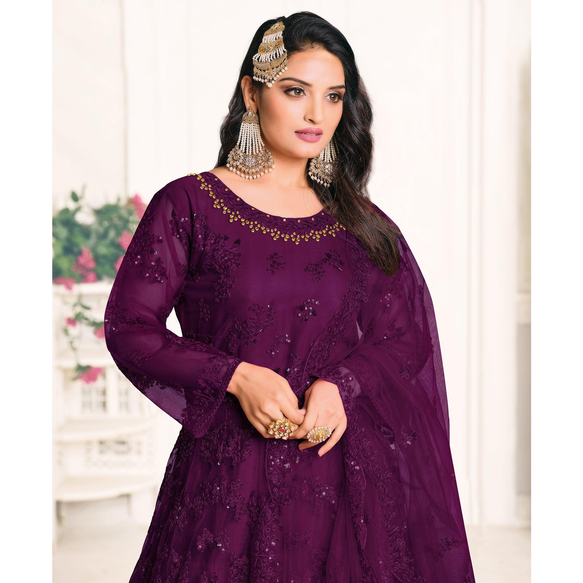 Purple Embroidered Netted Anarkali Style Gown - Peachmode