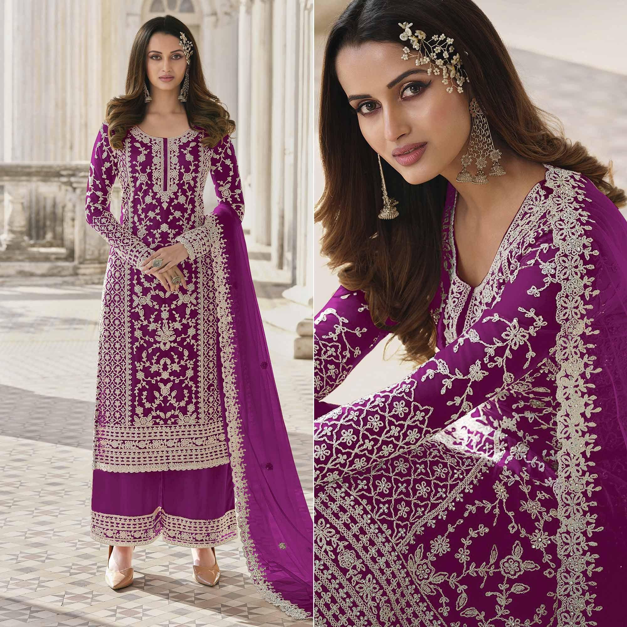 Purple Embroidered Netted Palazzo Suit - Peachmode