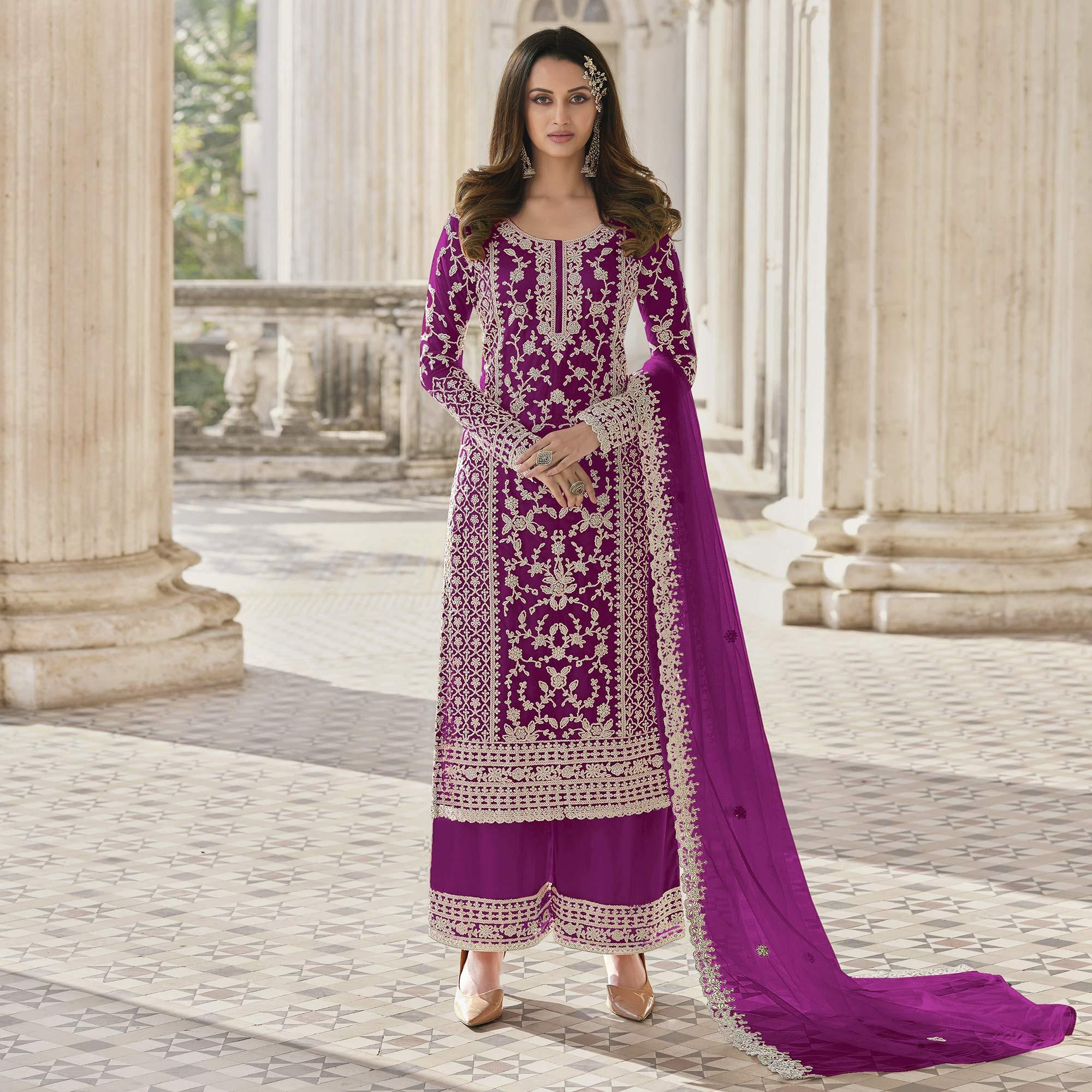 Purple Embroidered Netted Palazzo Suit - Peachmode