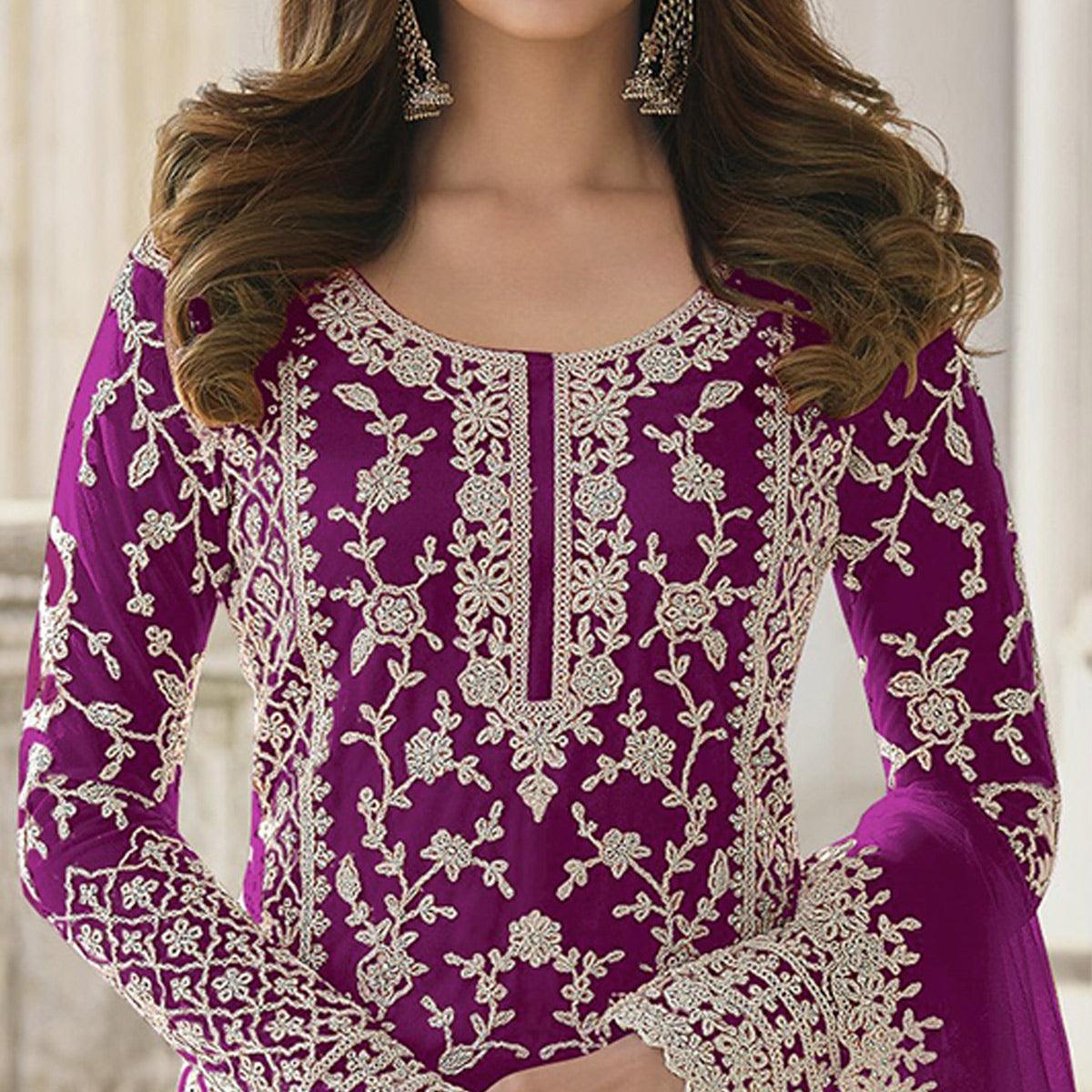 Purple Embroidered Netted Palazzo Suit - Peachmode